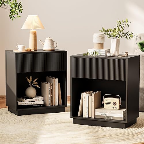 Fluted Nightstands Set of 2, Modern Bedside Table with Drawer and Storage Shelf, Wood End Table Mid Century Night Stands for Bedroom Living Room Sofa Couch Office (Black) - Black