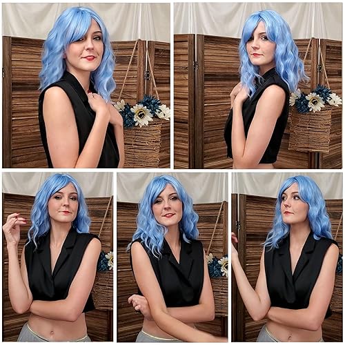 Miniatura 2 de HAIRUP Peluca mitad negra y mitad blanca con flequillo para mujer, peluca corta ondulada y rizada estilo Bob de 14 pulgadas de longitud al hombro,