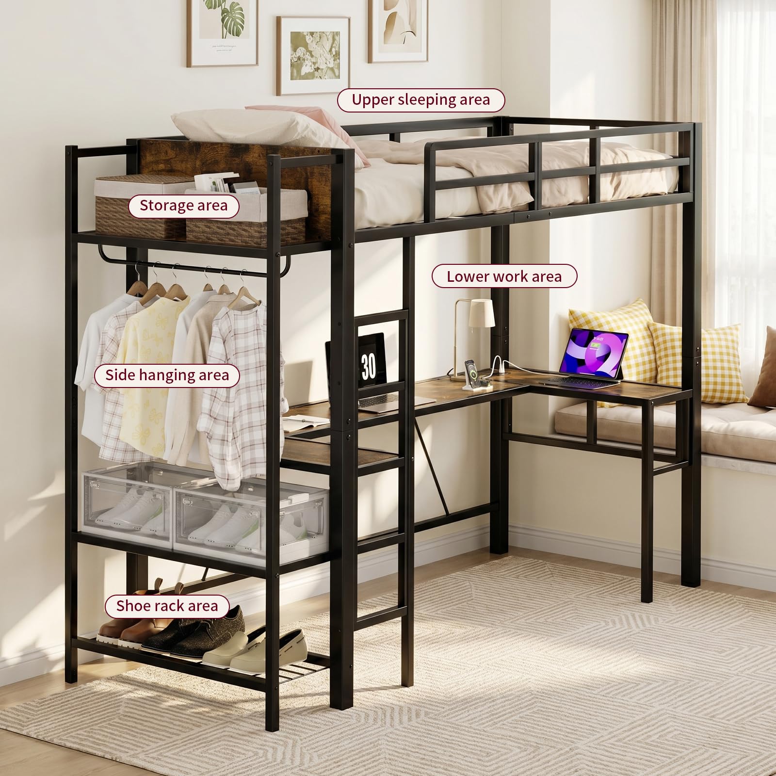 EGGREE Letto a Soppalco 90x200 cm con Scrivania a L, Presa e USB, Letto in Metallo con Appendiabiti, Scarpiera e Ripiani, Letto Salvaspazio per Cameretta, Nero