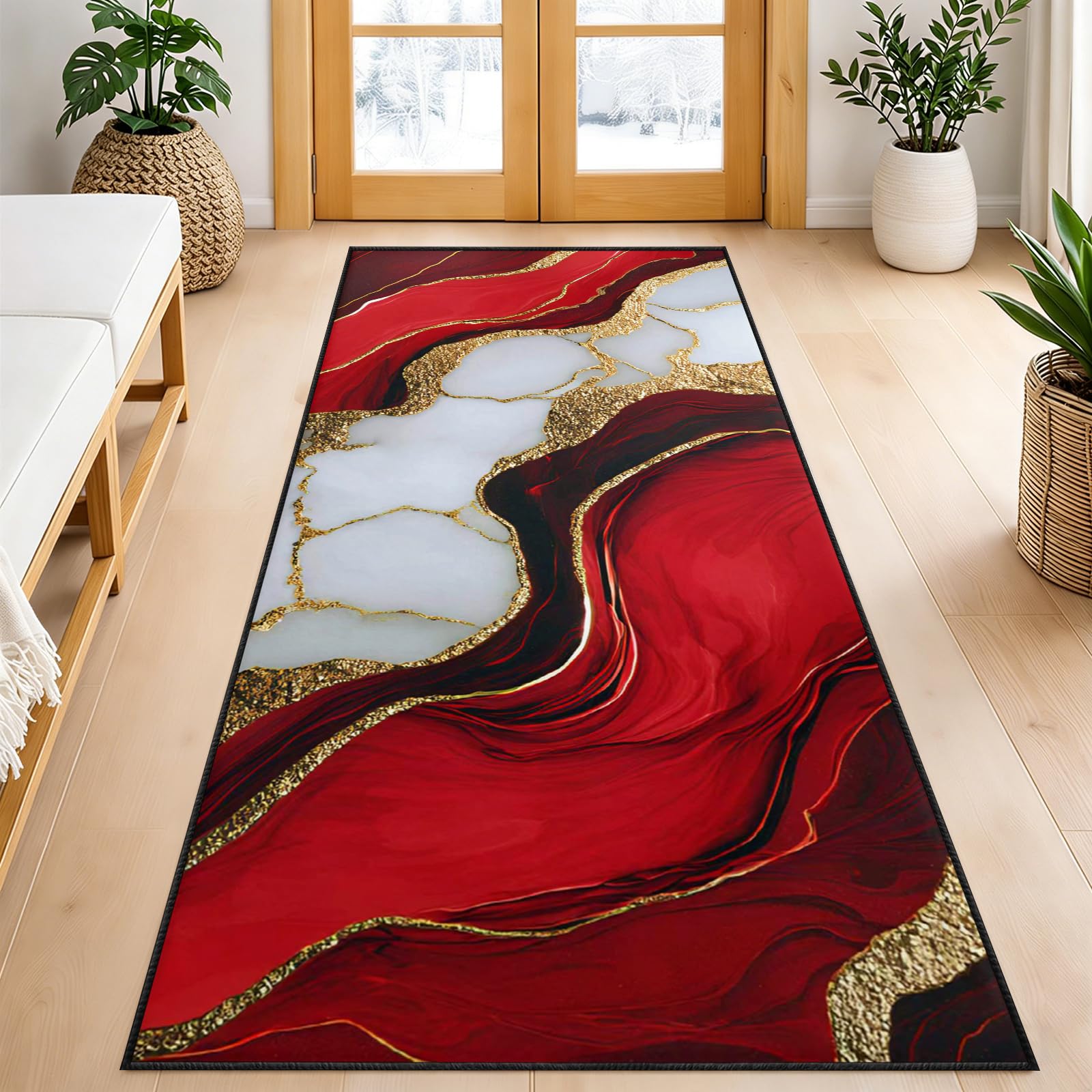 KUKEEUA Red Marble Rug for Entryway, 60x120cm Red Gold Marble Runner Rug for Kitchen, Abstract Modern Long Carpet Non Slip Mats, Suitable for Hallway Porch Laundry Room