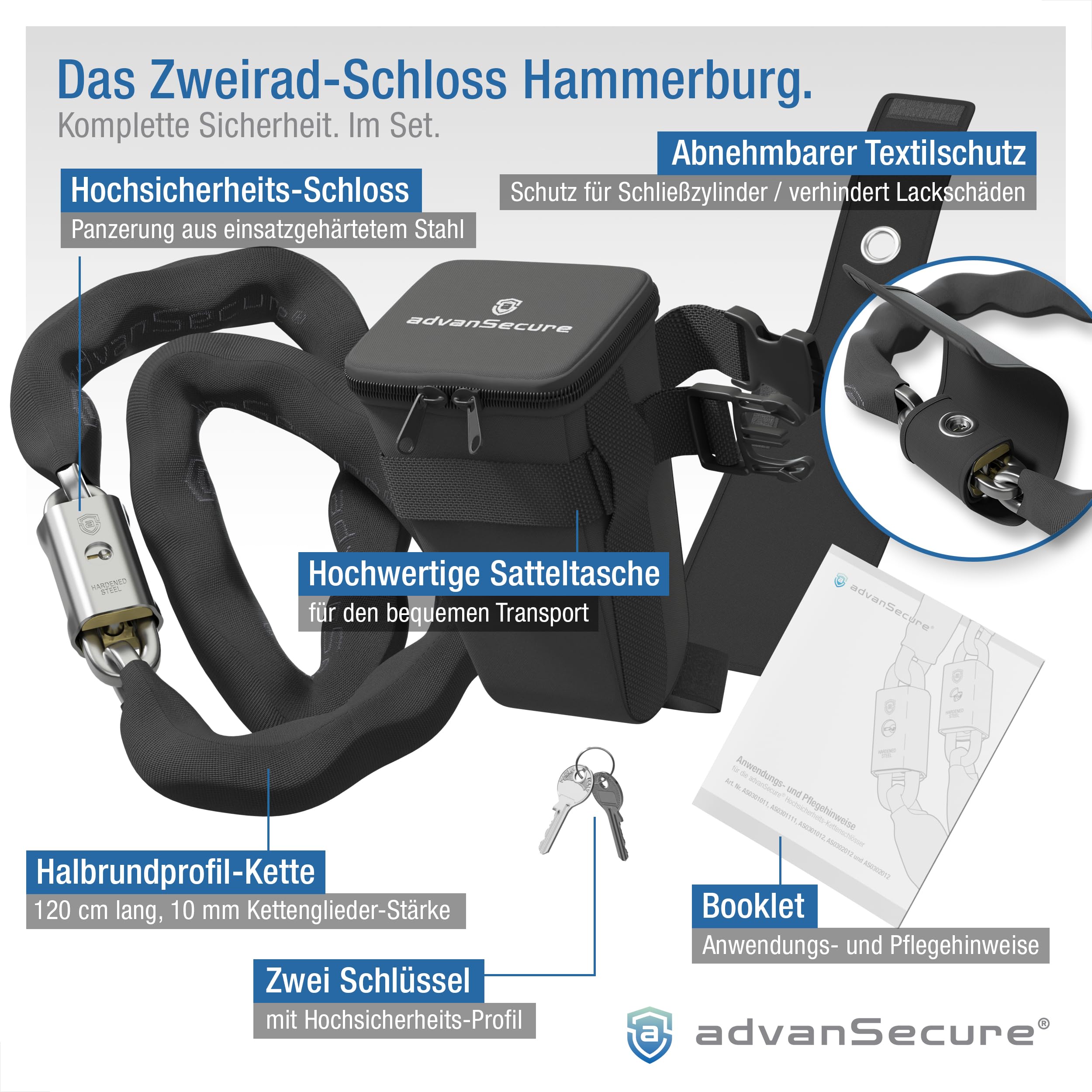 advanSecure® Hochsicherheits-Kettenschloss mit Satteltasche | optimal für E-Bike | max. Sicherheitsstufe | 120 cm Länge, 10 mm Kettenglieder | gehärteter Spezialstahl