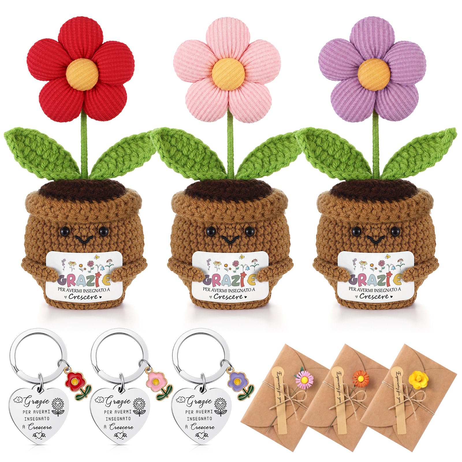 Jetec Regalo per Insegnante 3 Pianta Uncinetto con Fiore 3 Portachiavi con Ciondolo a Forma di Fiore 3 Biglietti di Auguri in Carta Kraft Maestra Feste e Celebrazioni Scolastiche