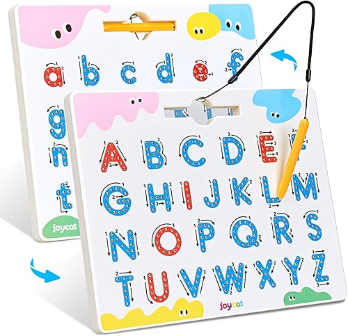 JoyCat Tabla magnética de seguimiento de letras, imanes ABC de doble cara 2 en 1 para niños de 3 a 5 años, práctica de escritura de letras