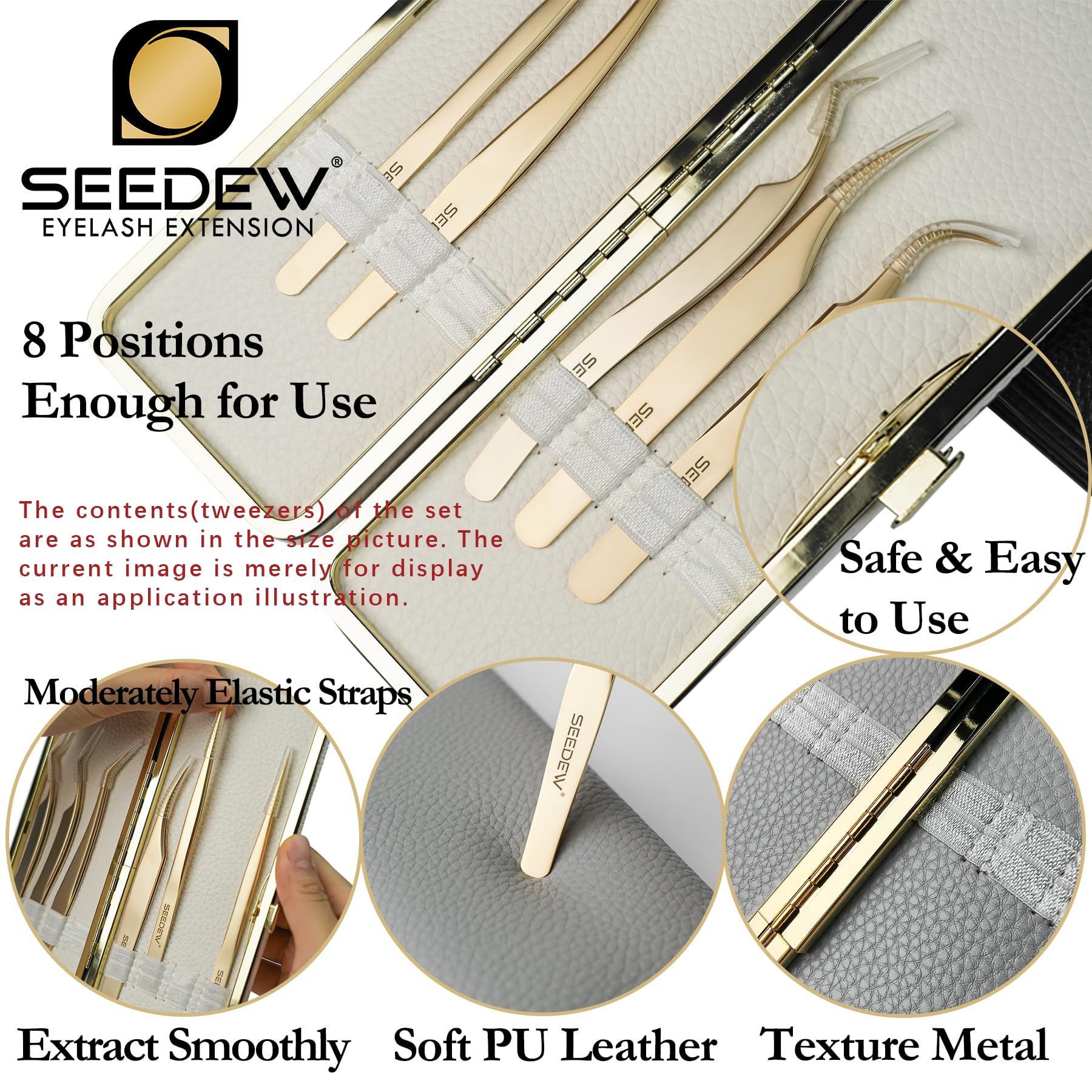 Set di pinzette per extension per ciglia (1 custodia + 6 pinzette) G-01+04+05+06+09+10, pinzette di precisione a punta isolanti e a griglia e punta in fibra, 8 posizioni, kit organizer per