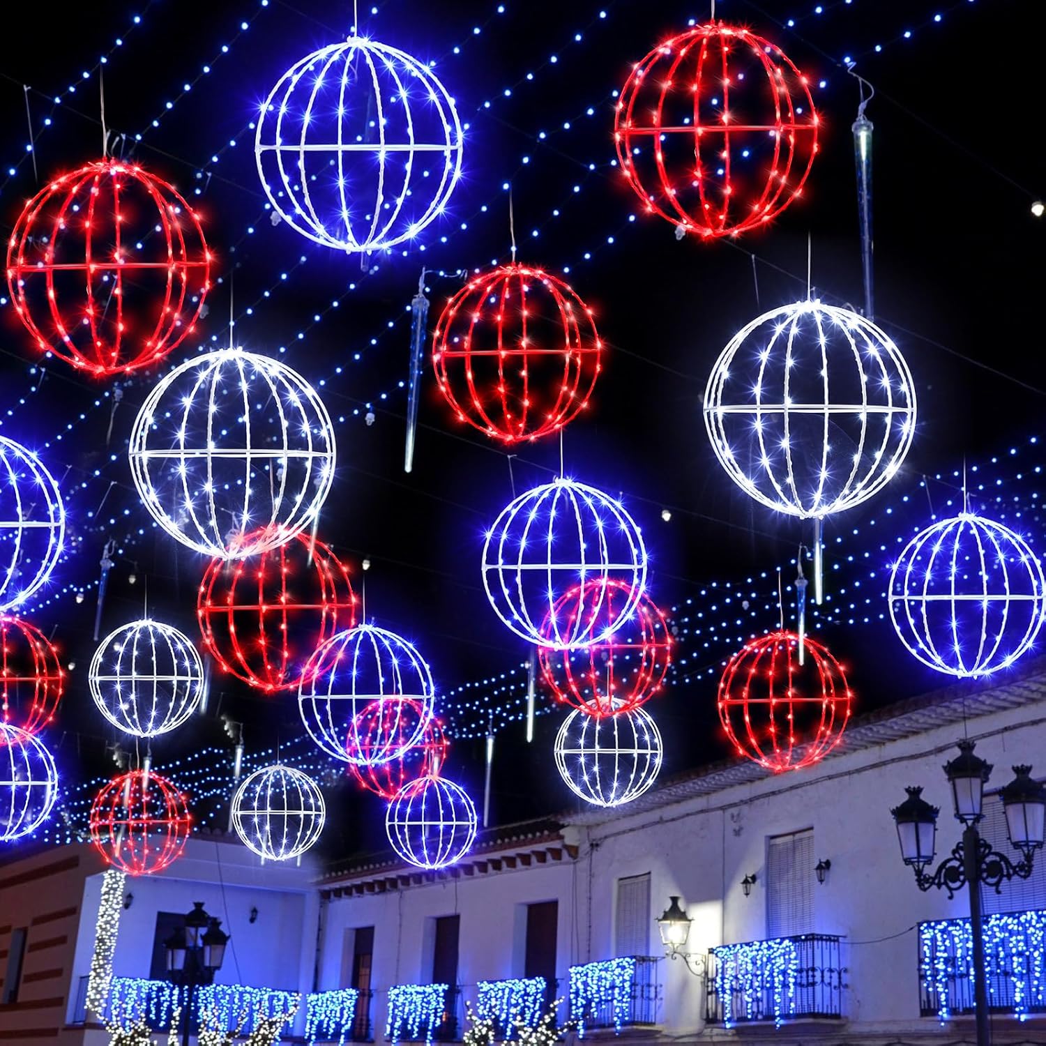 Leinuosen 4th of July Decorations Outdoor 6 Pack Red White Blue Ball String Light 7.87" LED Patriotic Hanging Garden Sphere Solar Lights Foldable Metal Frame Globe for Independence Day Party