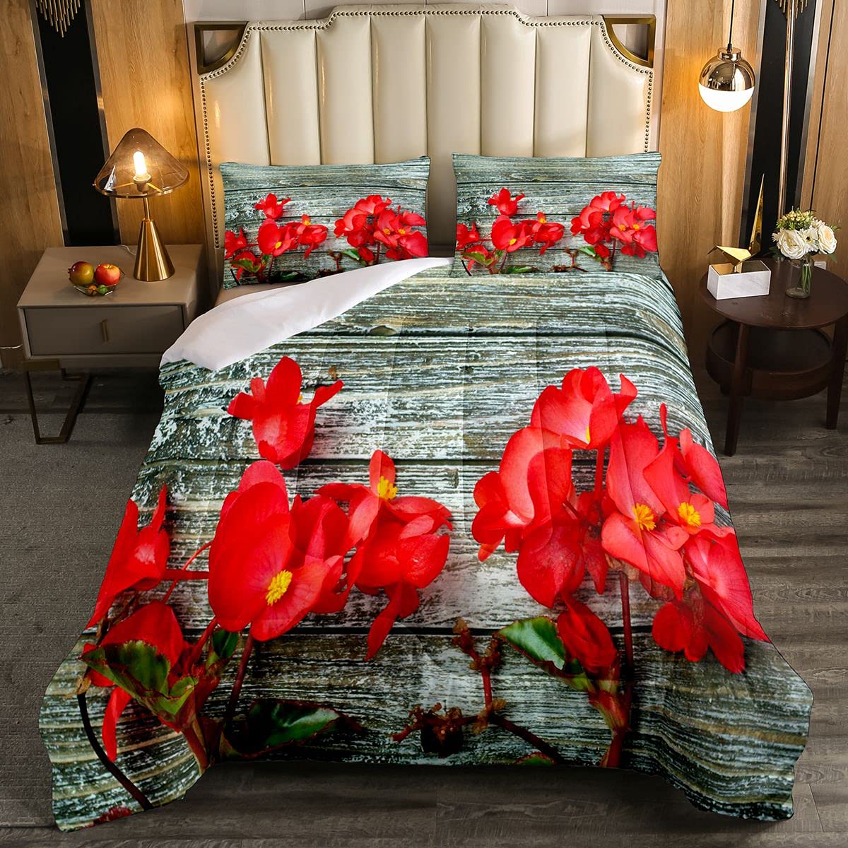 Loussiesd Red Begonia Flowers Soft Duvet Rustic Wooden Floor Bedding Set Chic Woodland Branches 2Pcs Single Size