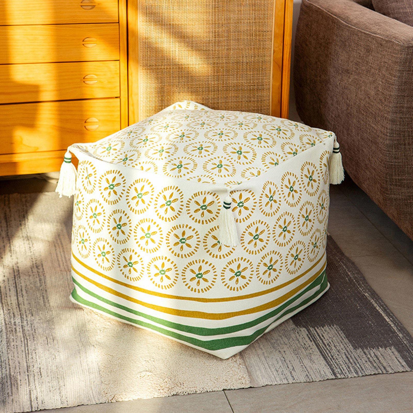 ELBME Pouf Cover Tufted Four-Corner Tassel Casual Zipper Living Room Decoration Green | 1-image-44