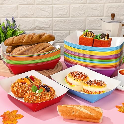 Miniatura 4 de 120 bandejas desechables de papel para alimentos, multicolor, nachos, arcoíris, colorido, dispensador de queso nacho, a prueba de grasa, bandejas