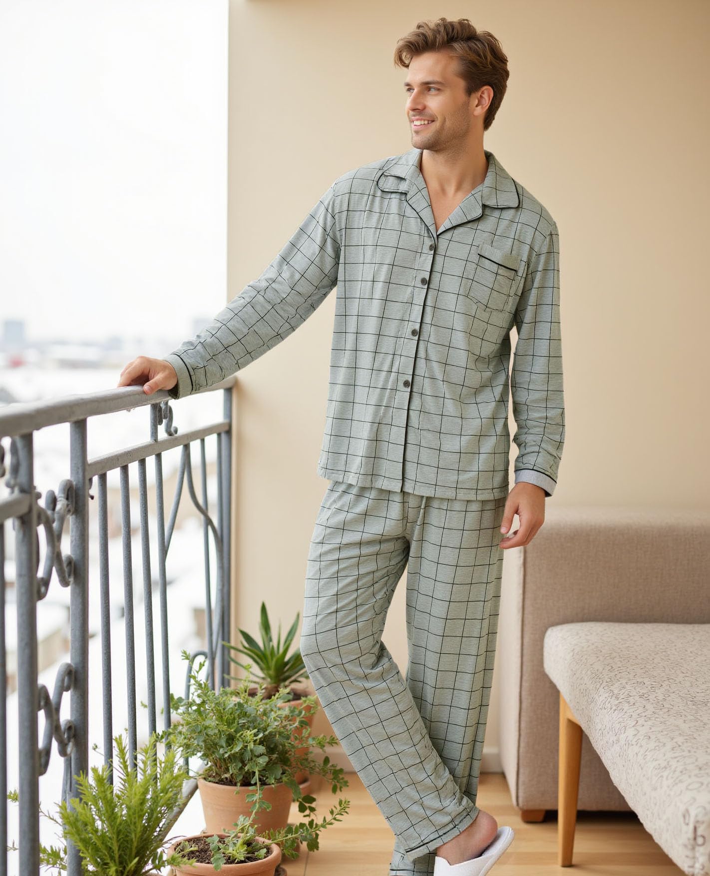 iClosam Pyjama Homme Hiver Coton 2 Pièces Pyjama Long Chaud à Carreaux Ensemble de Pyjamas avec Bouton à Manches Longues Vêtements de Nuit à Rayé S-XXL