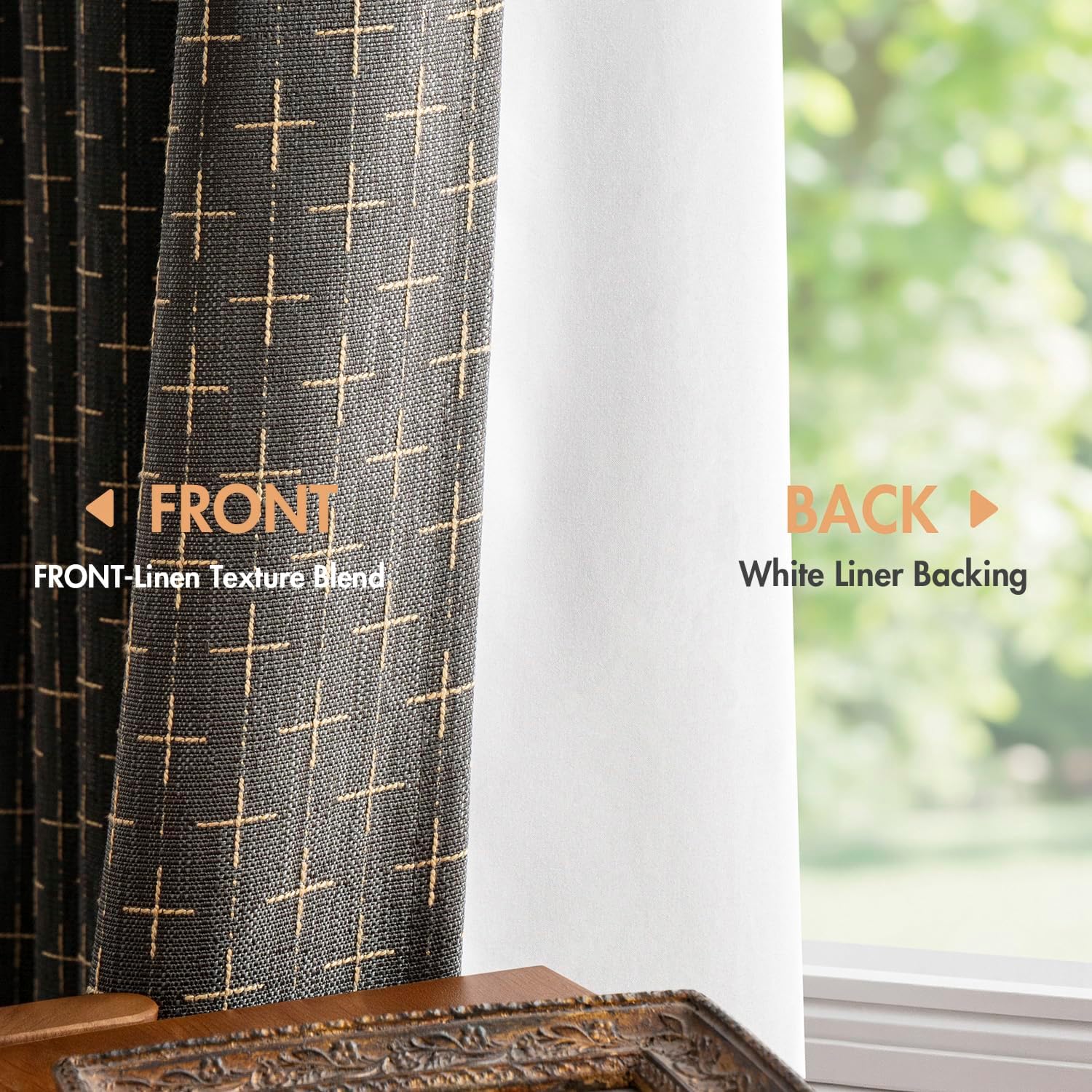 MIULEE 100% Blackout Decorative Linen Curtains with Geometric Pattern, Thick Woven Farmhouse Rustic Patterned Drapes with Back Tab for Bedroom and Living Room, Dark Grey, 52 x 84 Inches, 2 Panels