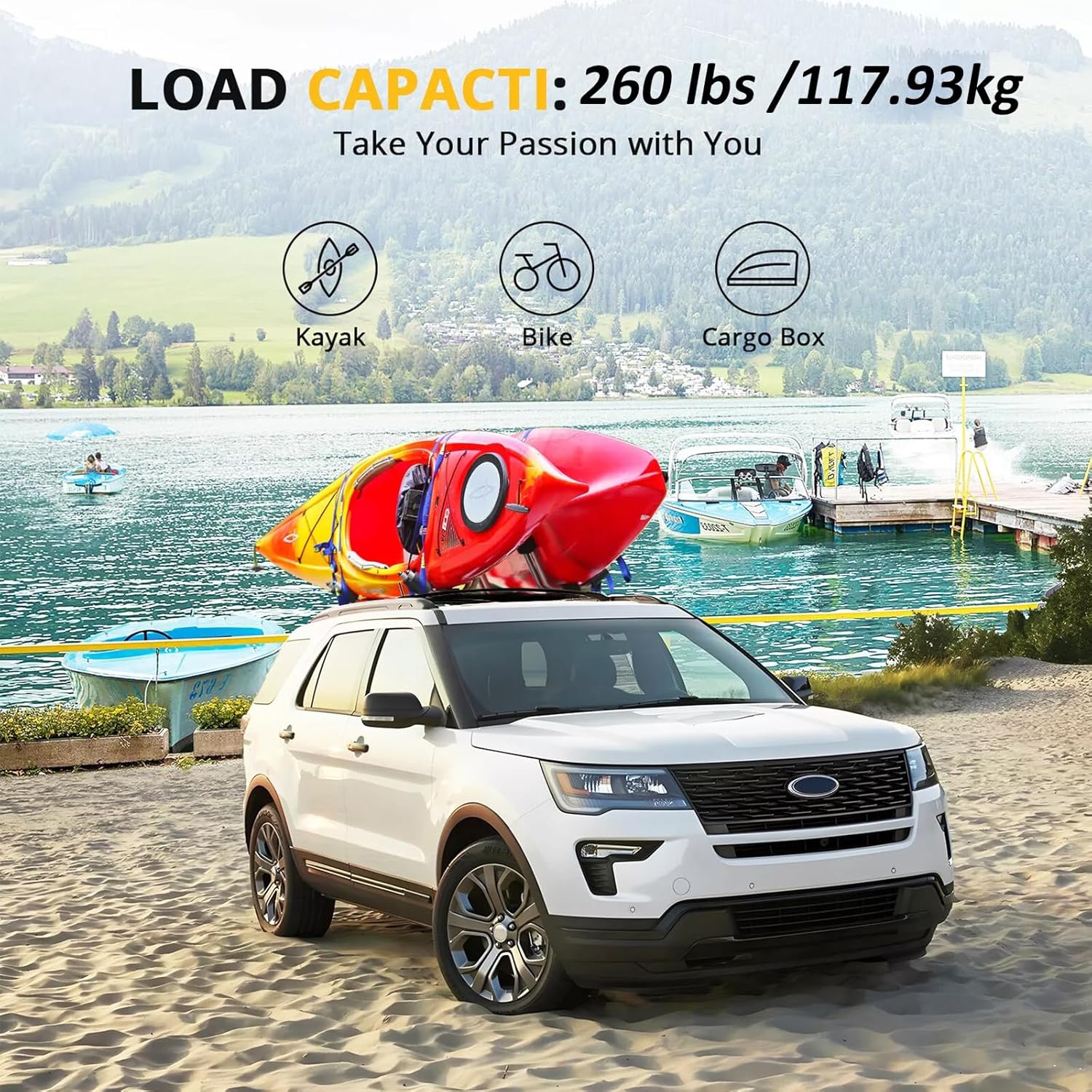260lbs Roof Racks Cross Bars Compatible with Ford Explorer 2016 2017 2018 2019, Heavy Duty Aluminum Roof Rails Crossbars Rooftop Luggage Racks Carrier Snowboard Skiboard Black