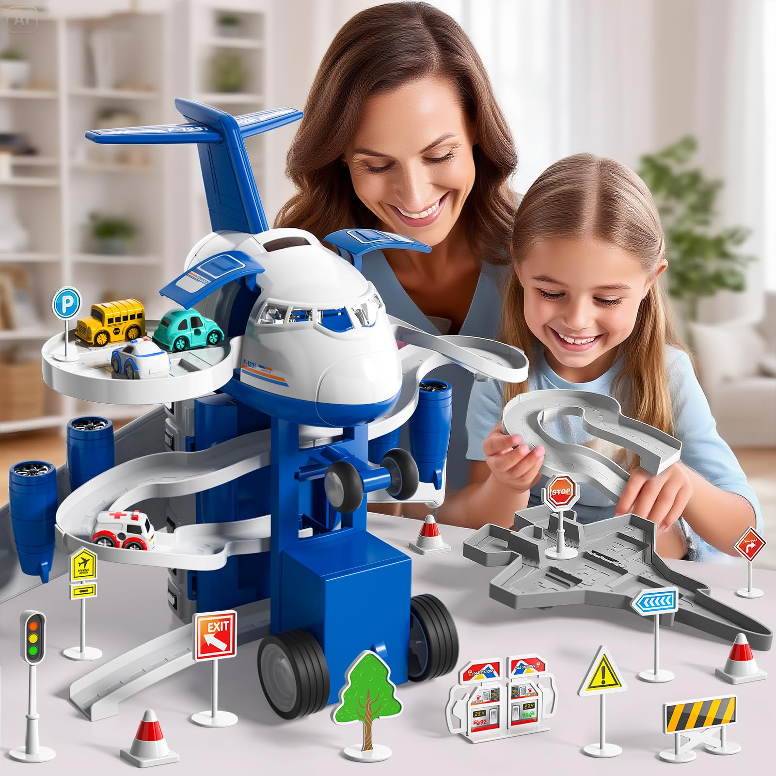 Juguete de avión, coche de pista de carreras para niños con efecto de aerosol único, luces y música, rueda impulsada por fricción