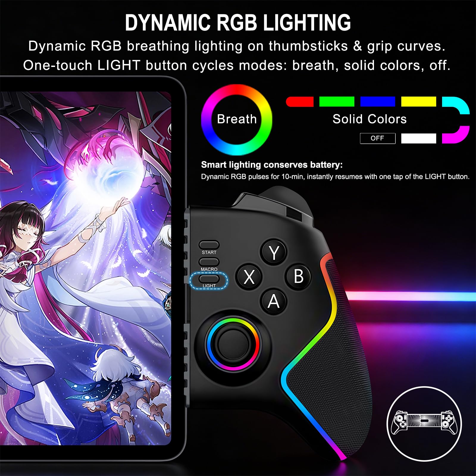 Joso Controller per telefono per iPad 13" e tablet, controller iPhone controllo Android con joystick Hall/trigger/macro/turbo/luce RGB, e morsetto bloccabile per iPad, Play P5/P4/Xbox/PC Streaming e