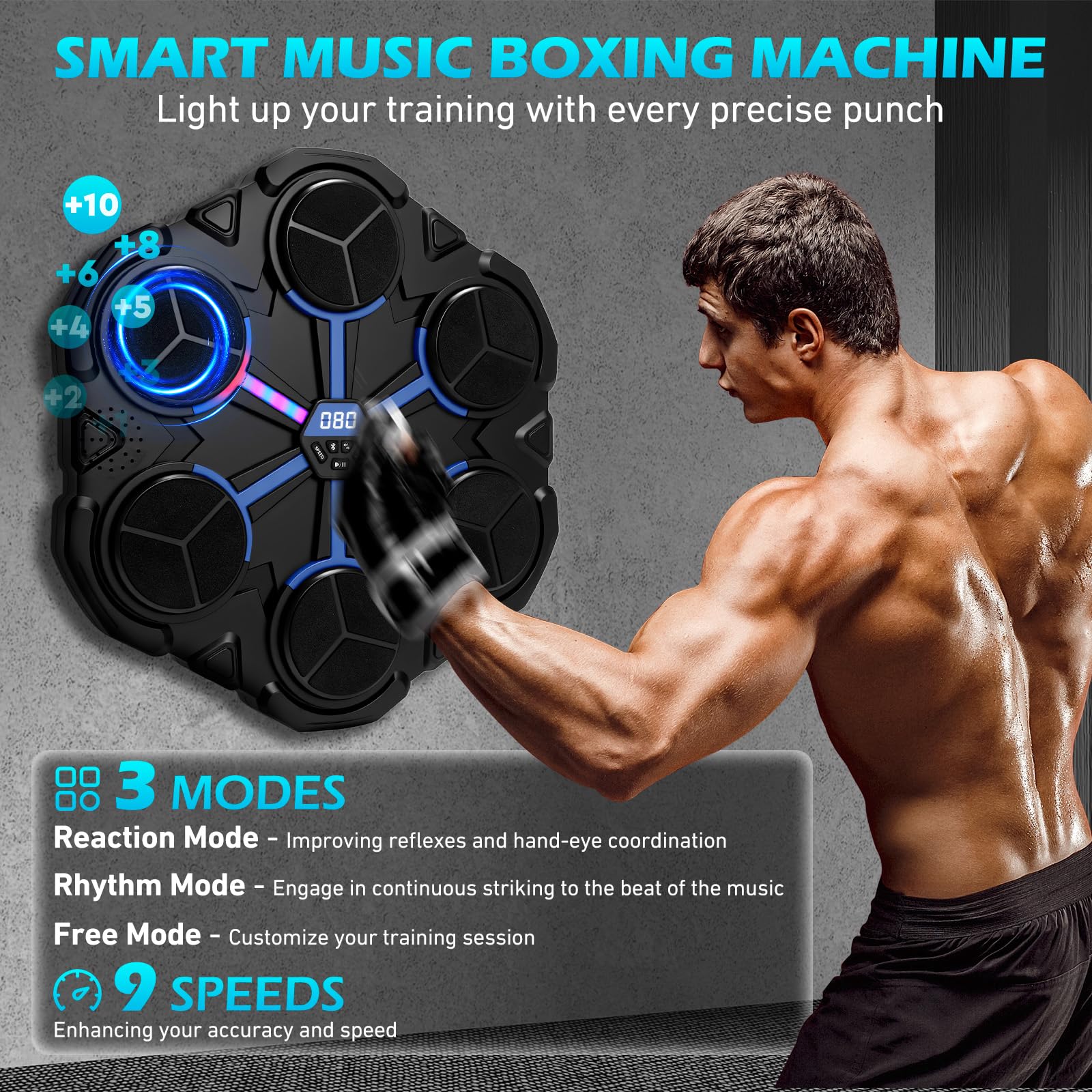 Music Boxing Machine, LED Elektronische Musik Boxmaschine mit Bluetooth, 9 Geschwindigkeitsmodi & 3 Zählmodus, Wandmontierte Boxmaschine mit Boxhandschuhen für Erwachsene & Kinder, Stress Release
