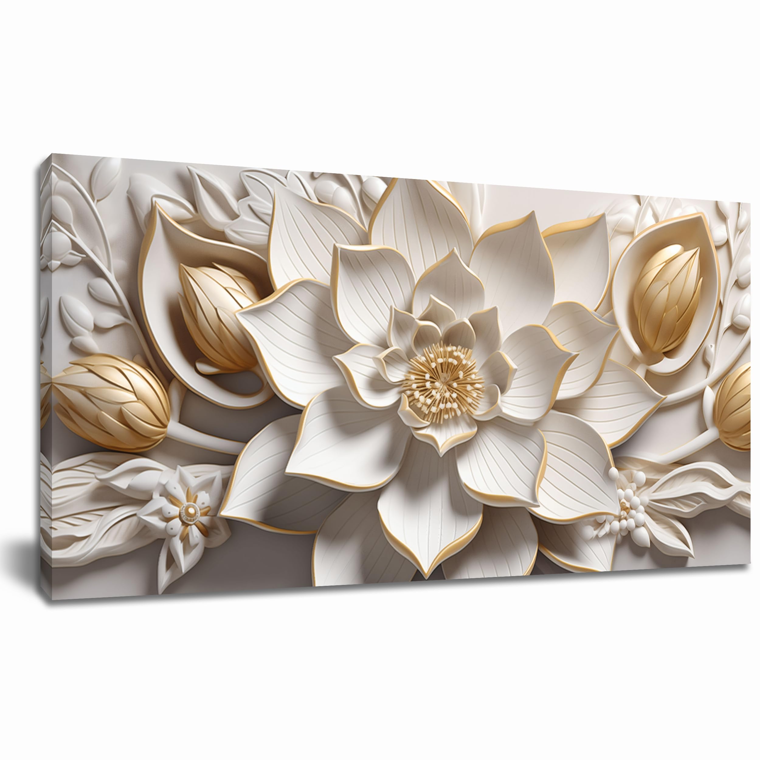 White & Gold Botanical Canvas Artwork 20x40