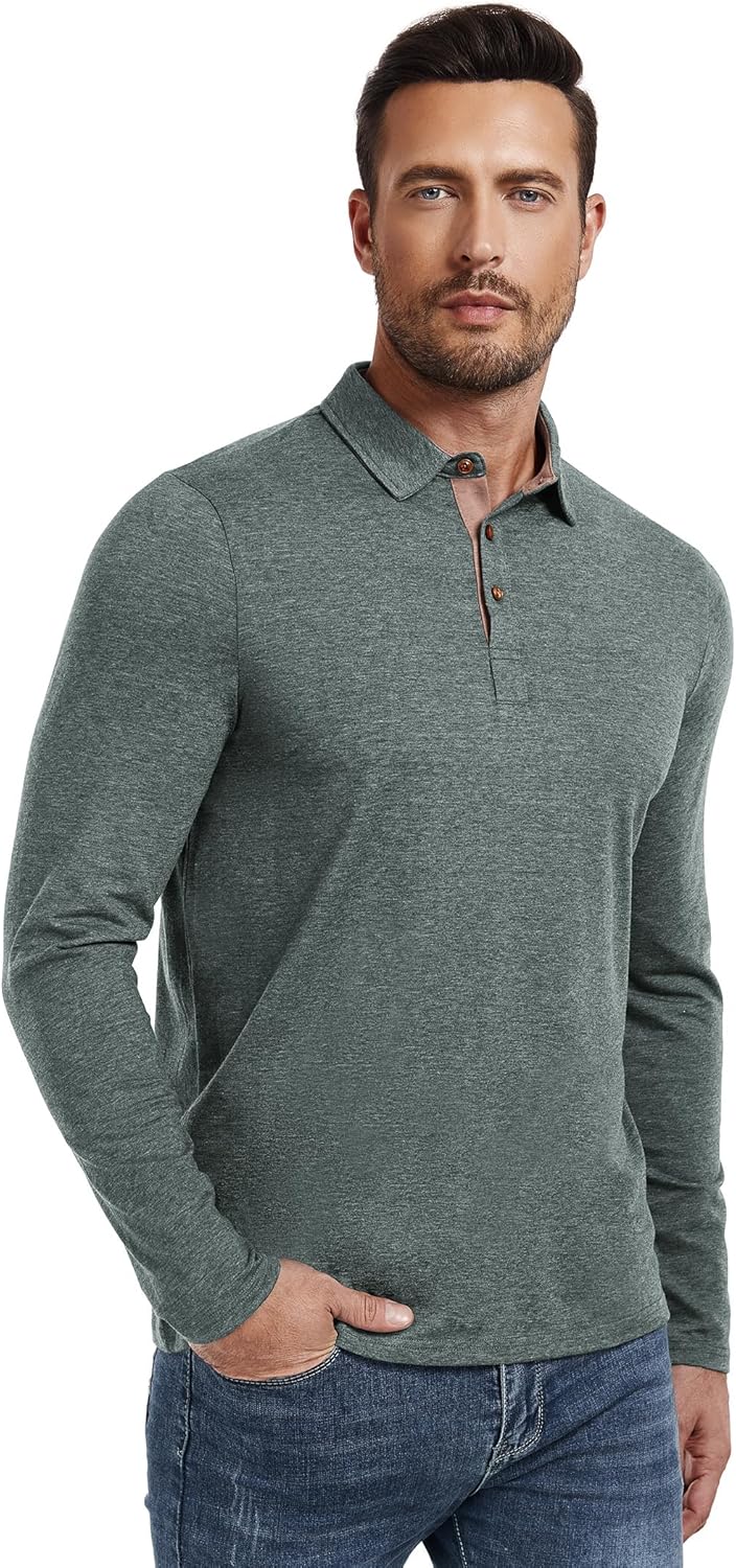PEGENO Mens Polo Short/Long Sleeve Shirt Classic Button Basic Solid Color Designed Collared Polo Shirt Fashion Casual Shirts - Image 4