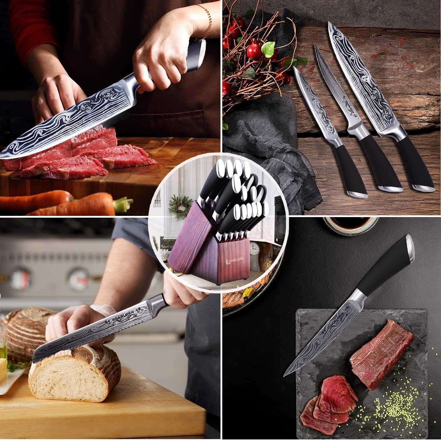 Juego de cuchillos de cocina con portacuchillos, 15 cuchillos profesionales de acero inoxidable Damasco con afilador de cuchillos incorporado y caja de regalo para vino