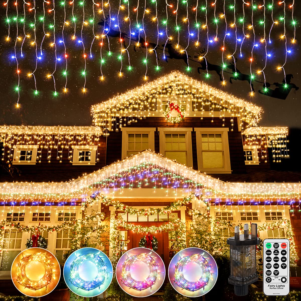 UIONVO Icicle Lights Outdoor Christmas Outside - 10M/32FT Multicolour Hanging House Xmas Lights Waterproof Connectable Mains Powered Decorations Light for Roof Indoor Window Garden