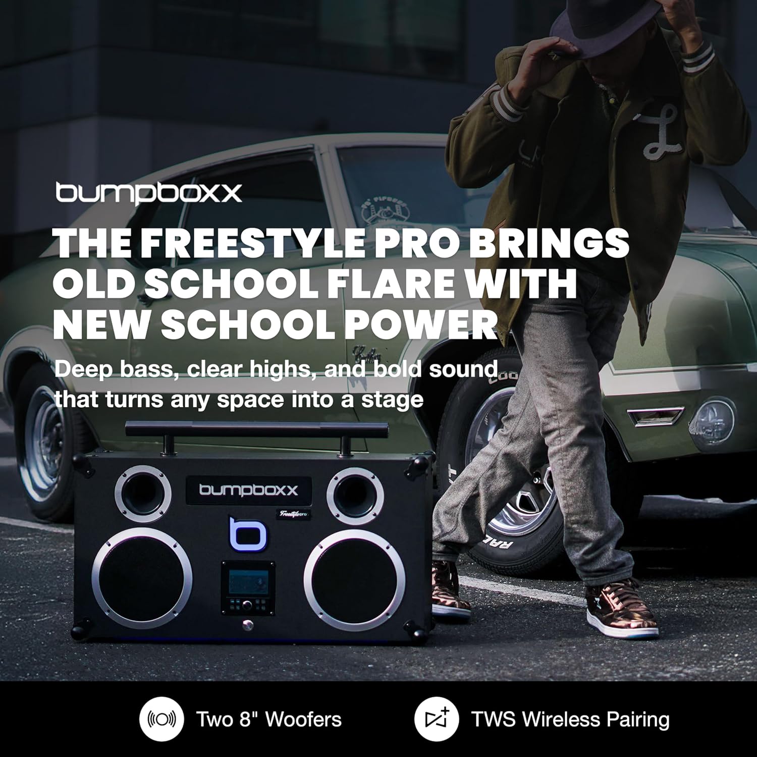 Bumpboxx Freestyle Pro Retro Boombox Bluetooth Speaker, Up to 16-hour Play Time, Deep Bass, Large Bluetooth Boombox Speaker with 3.5" LCD Display, 2 Wireless Rechargeable Microphones, Black - Image 2