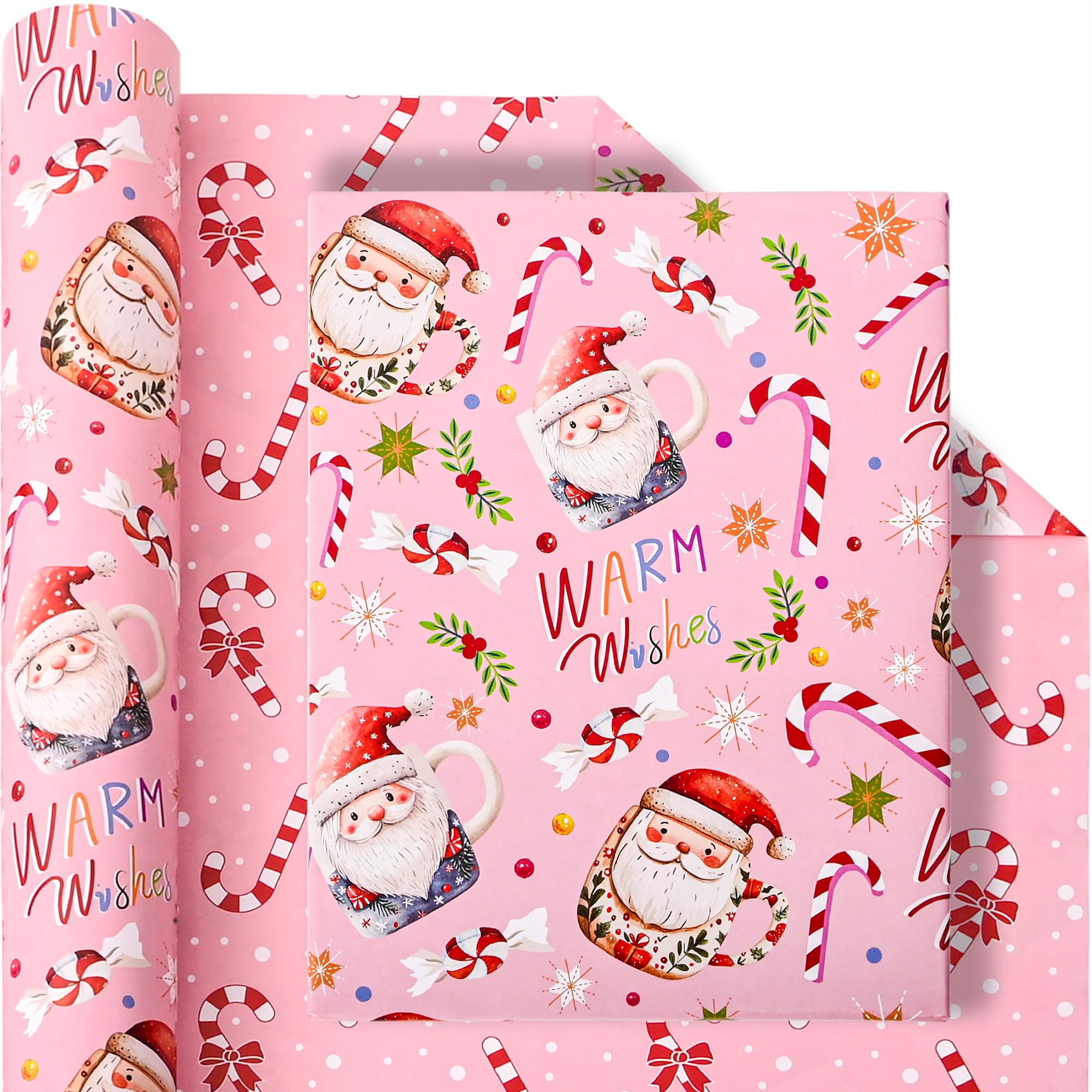 Vnaaem Rouleau de papier cadeau de Noël rose – Tasse de Père Noël et canne à sucre d'orge avec nœud – Papier cadeau pour fêtes de fin d'année, fêtes d'hiver – 43,2 cm x 6,1 m (total 2,5 m²)