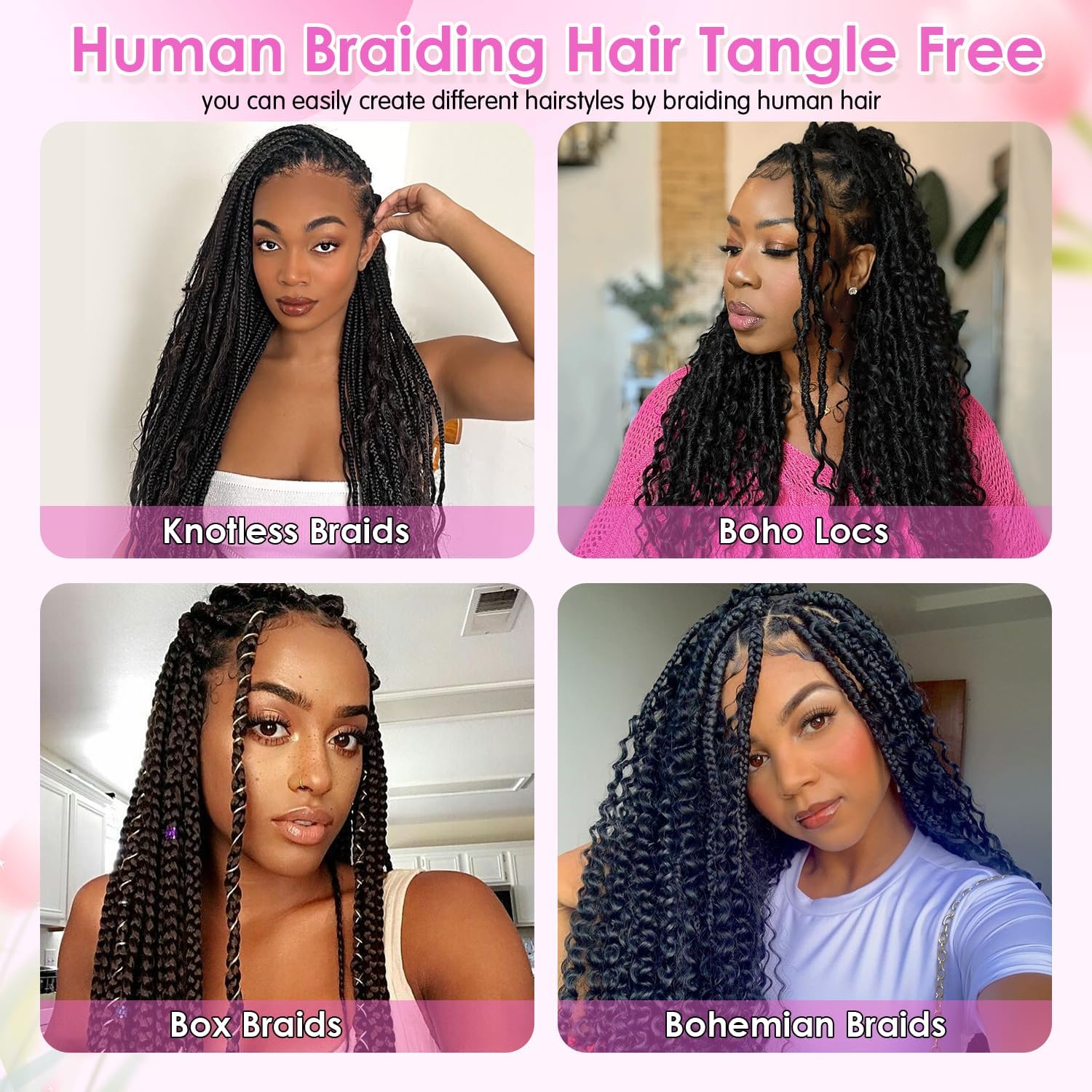 Boho Braids Human Hair Extensions 100g 2 Bundles No Weft Human Braiding Hair for Knotless Braids Wet and Wavy Deep Wave Bulk Human Hair For Women 22 Inch