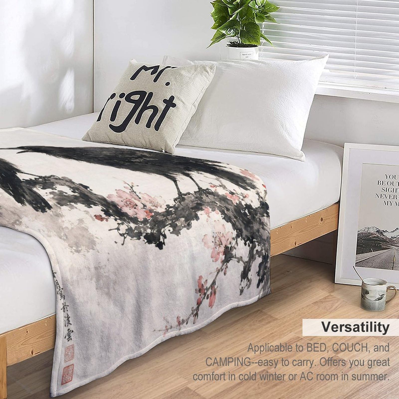 Pareja de cuervos con luna Manta Manta TV Calida Polar Sofa Dormitorio | manta sofa suave con Lavado de tinta y Grabado en madera japonés, para sofa, cama, 175x200cm(70x80in)