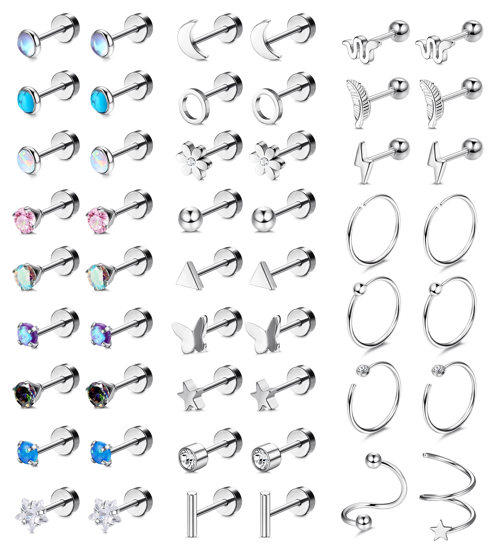 25 Pairs Tiny Cartilage Stud Hoop Earrings for Women Men, Star Moon Screwback Flat Back Stud Earrings Stainless Steel Flatback Earrings Piercing Set, Stainless Steel, Cubic Zirconia-image-38