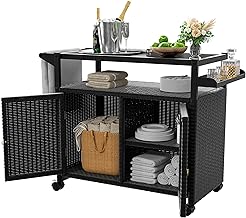 Xilingol Outdoor Bar Table, Wicker Bar Cart with Cabinet, Patio Serving Cart with Tempered Glass Top, Lockable Wheels, Rounded Handle & Side Basket for Garden, Poolside & Backyard, Black