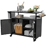 Xilingol Outdoor Bar Table, Wicker Bar Cart with Cabinet, Patio Serving Cart with Tempered Glass Top, Lockable Wheels, Rounded Handle & Side Basket for Garden, Poolside & Backyard, Black