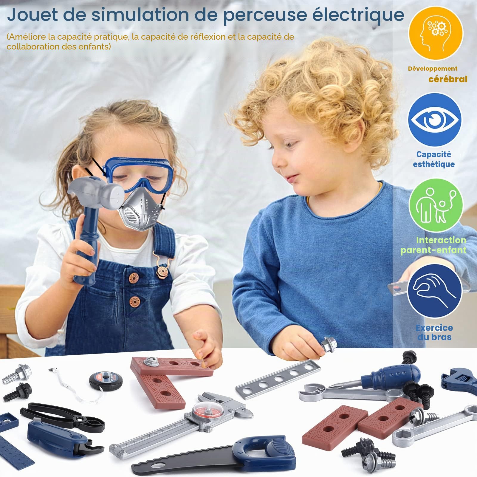 73 Pièces Jouet Outil pour Enfants, Outils de Construction et Accessoires, malette Outils Enfant, Boite a Outil avec Perceuse Électrique, Outils de Travail Jouet, pour Enfant 3 Ans+
