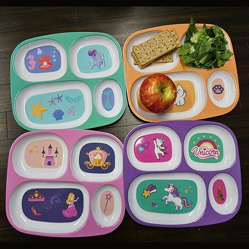 Miniatura 7 de 4E's Novelty 4 platos llanos de melamina para niños y niñas, platos divididos de plástico, juego de vajilla para niños pequeños quisquillosos, sin