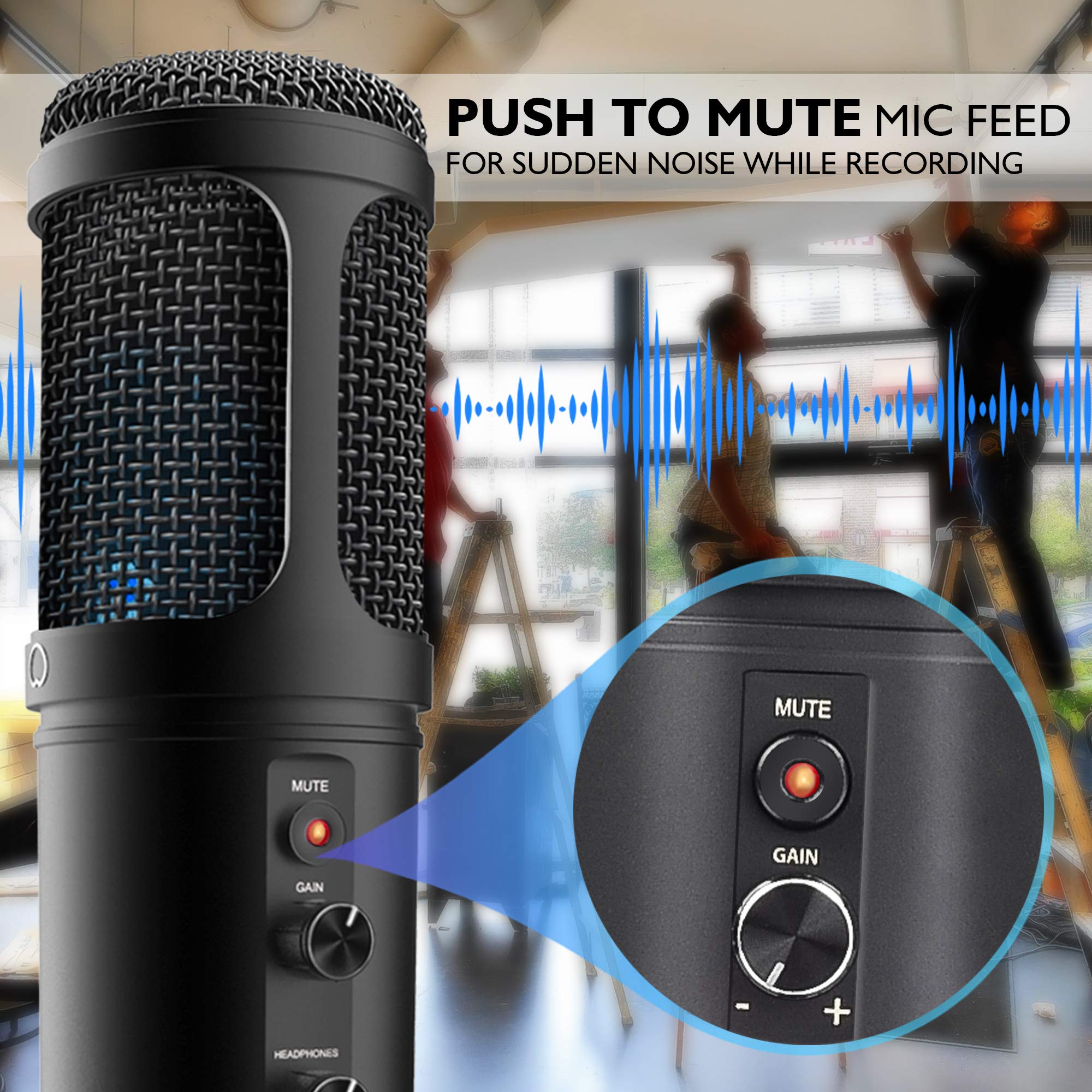 Jovial Pyle - Micrófono Condensador de grabación USB para PC, micrófono Condensador de Audio Profesional portátil, LED Azul, Ganancia Ajustable, Conector de Auriculares, Control de Silencio, Soporte