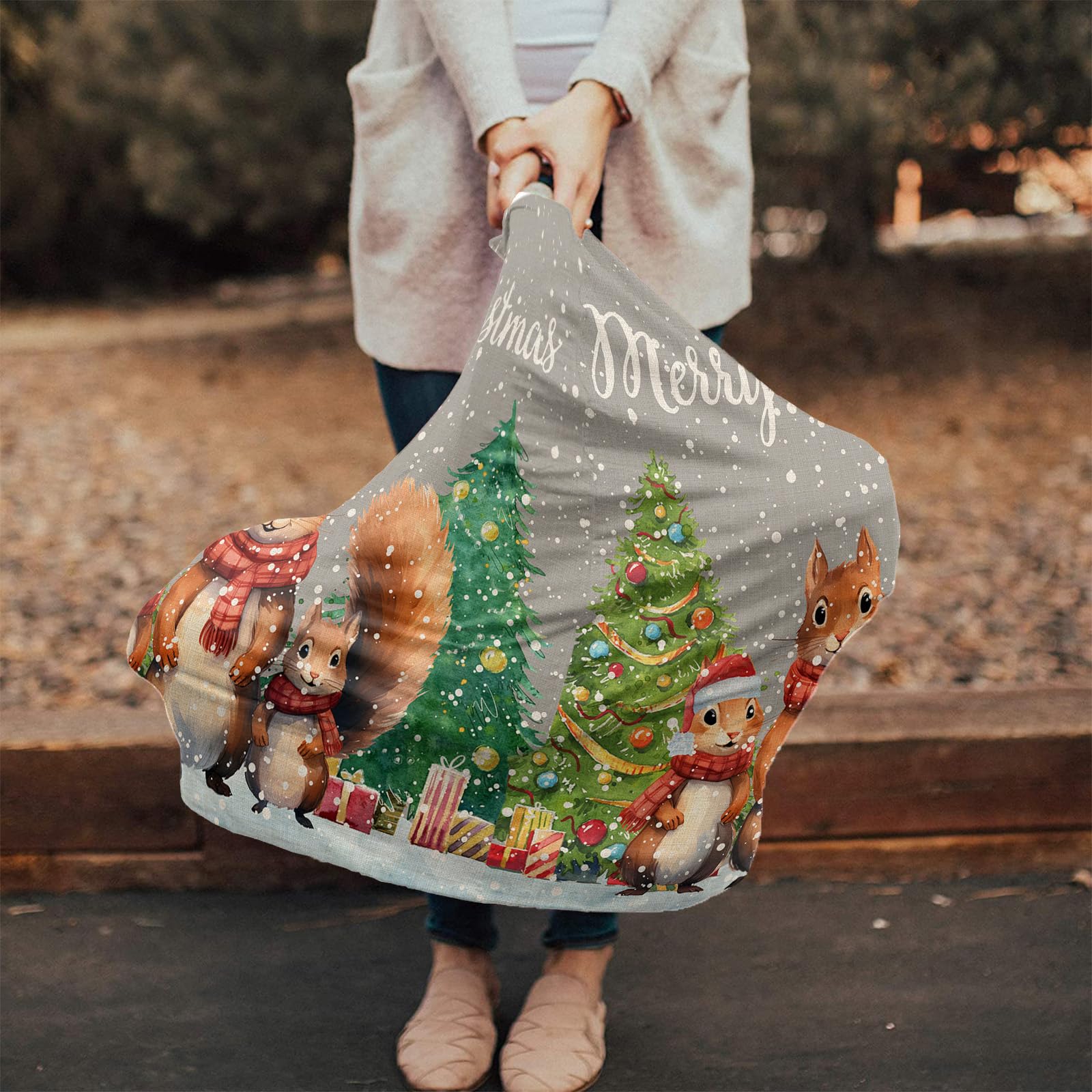 Nursing Cover for Breastfeeding Scarf, Merry Christmas Cute Squirrel Xmas Tree Baby Car Covers Super Soft Multi Use for Canopy Shopping Cart Cover Blanket Stroller Cover