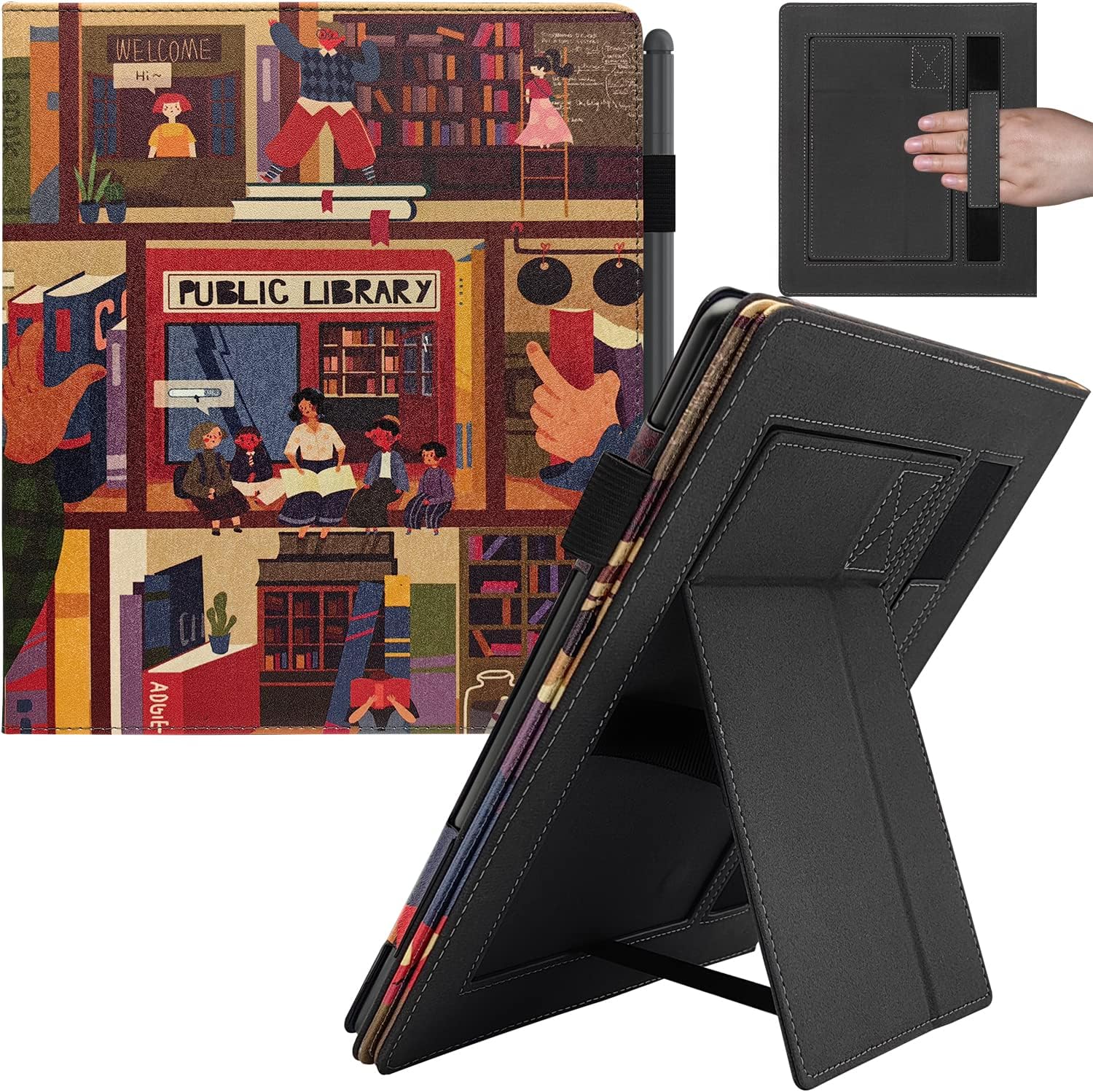 Hand-held Case for Kindle Scribe 10.2 Inch (2022/2024 Released) - Premium PU Leather Cover with Auto Sleep/Wake Two Stand & Pen Holder (Public Library)