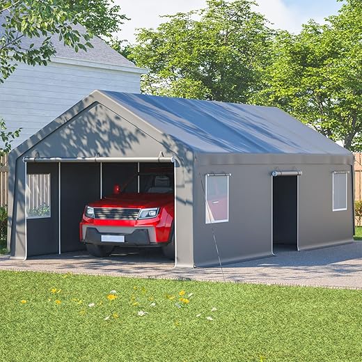 13x26 FT Heavy Duty Carport Canopy, Portable Garage with Triple Roll-Up Doors & Side Entry, Removable Sidewalls, Waterproof All-Season Shelter for Car, Boat, Equipment, Outdoor Storage