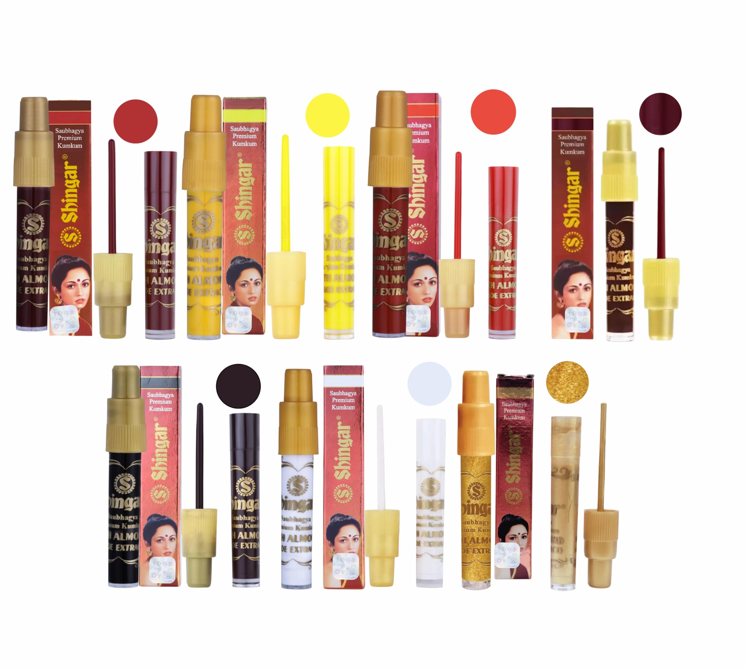 Shingar Saubhagya Premium Kumkum 7 MultiColor liquid Kumkum Non Allergic & Non Staining With Almond and aloe vera Extract Different 7 Colors Red , Deep red , Yellow , Black , White ,Gold and Autumn Color Shingar each color 1 pack Multi Color Liquid Bindi Pack of 7 Color liquid bindi 5gm Each-image-19