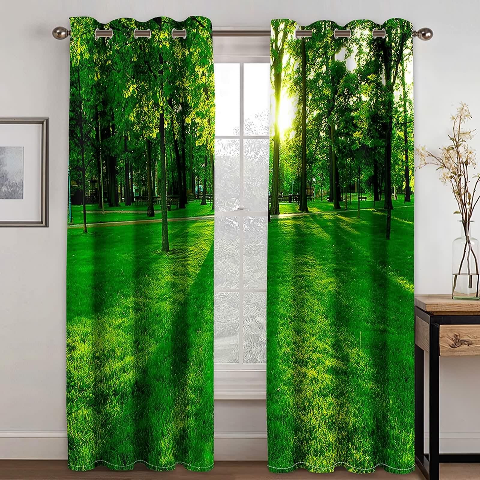 Rideau Vert Anniversaire, Rideau Chambre Adulte Polyester Arbres et Pelouses 152L x 183H CM Lot de 2