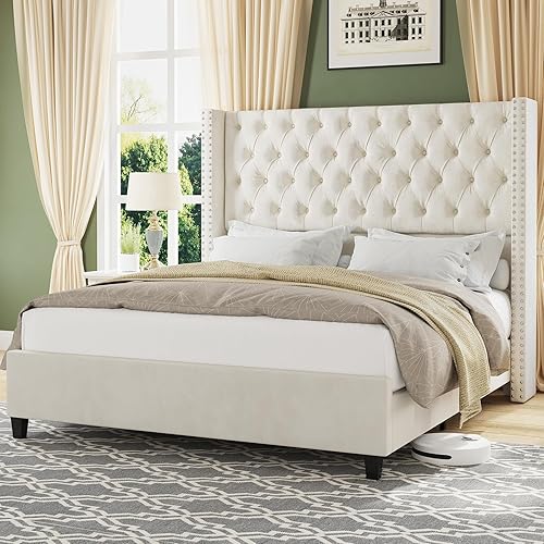 Jocisland Base de cama tamaño Queen con cabecera de terciopelo acolchado con respaldo alado de 51.6" pulgadas, cama de plataforma tapizada moderna,