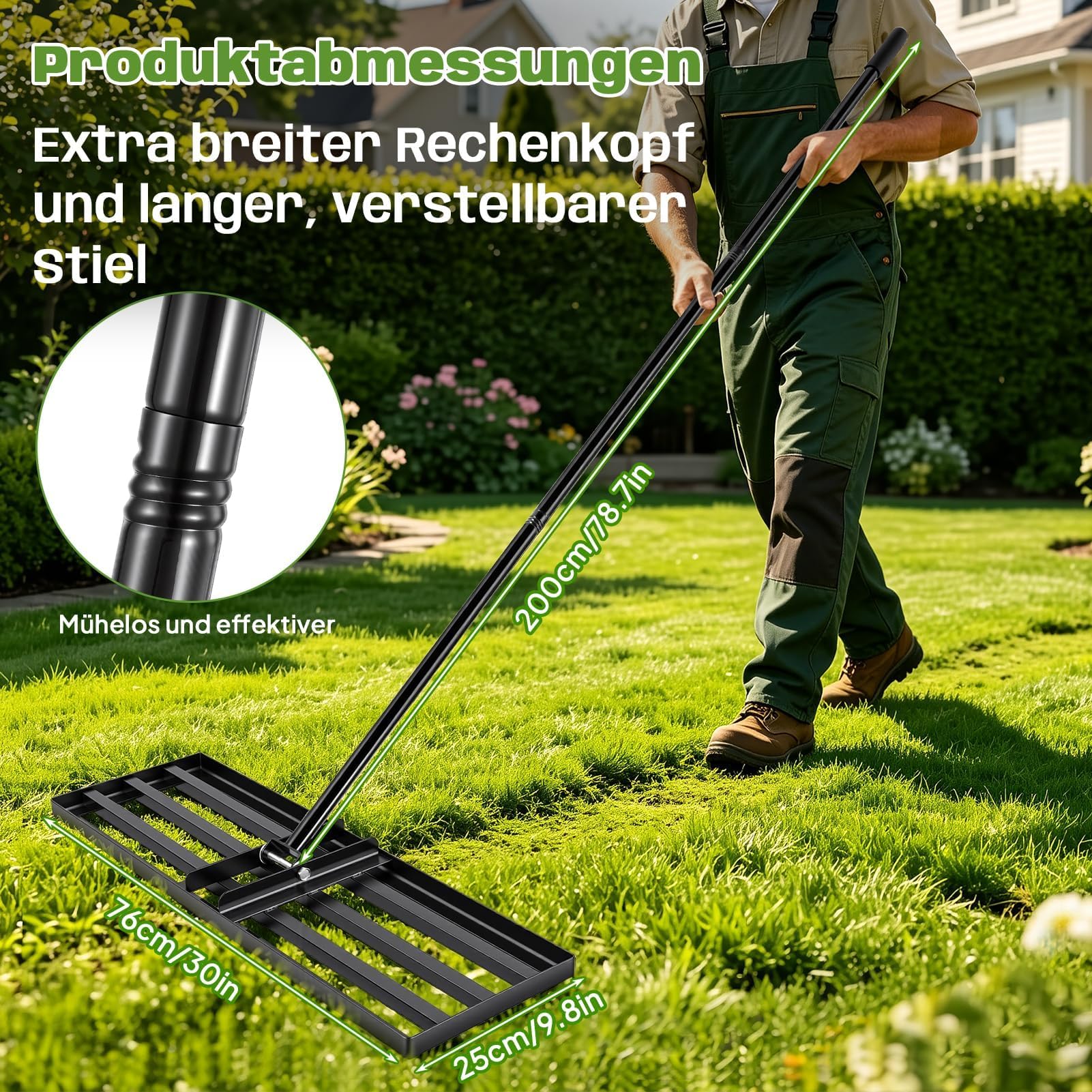 Nivelador de césped con mango regulable de 200 cm, rastrillo de nivelación de césped de 76 x 25 cm, de acero al carbono, rastrillo de césped para nivelar para jardín, patio y cuidado del césped