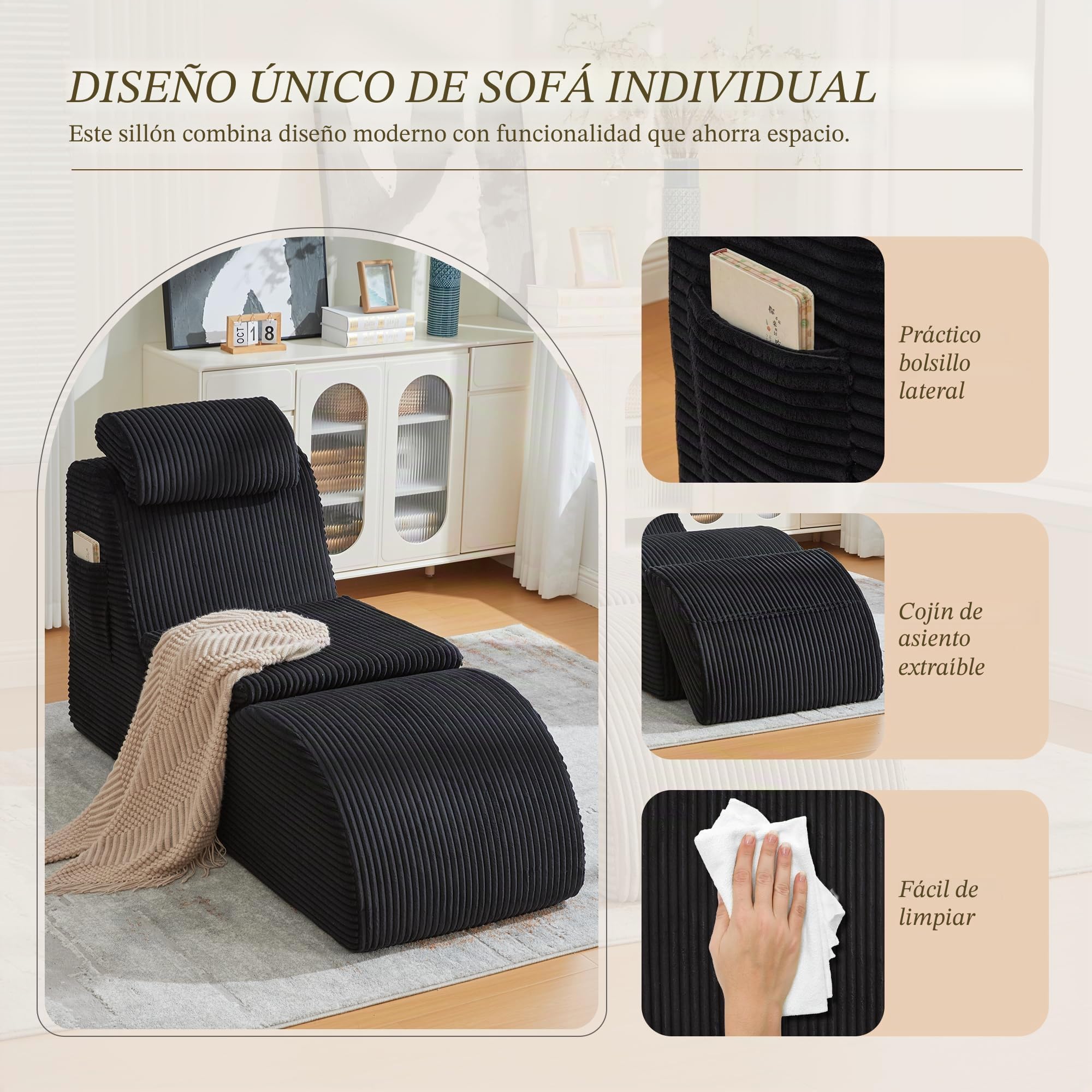 TIZZ Sillón de ocio moderno con forma ergonómica, de espuma de compresión altamente elástica, cojín de asiento extraíble y bolsillo lateral para sentarse cómodamente en el día a día. Negro