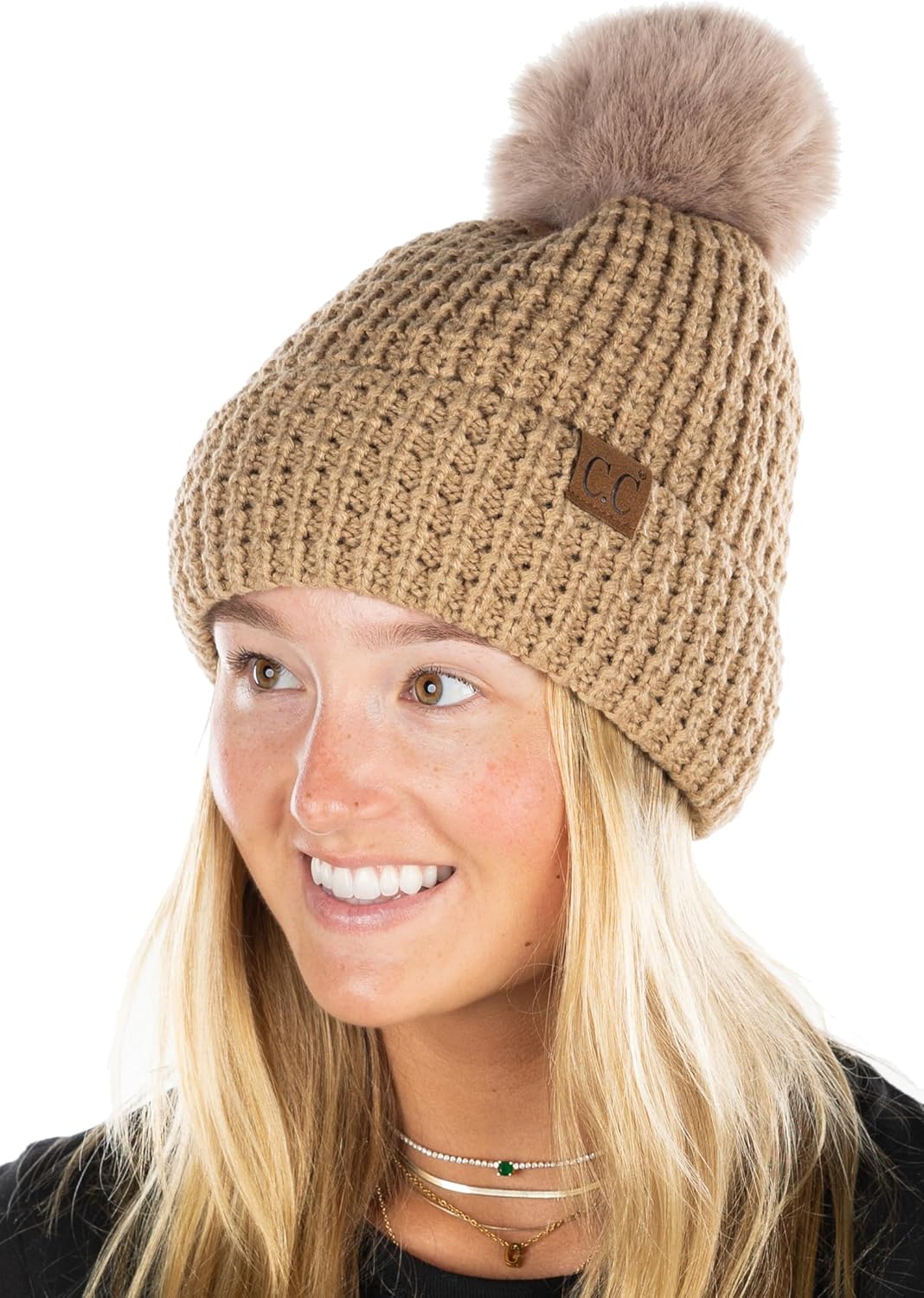 Funky Junque Women’s Pom Pom Beanie – Soft Knit Winter Hats for Women & Teens, Warm Fashionable Beanie with Faux Fur Poms