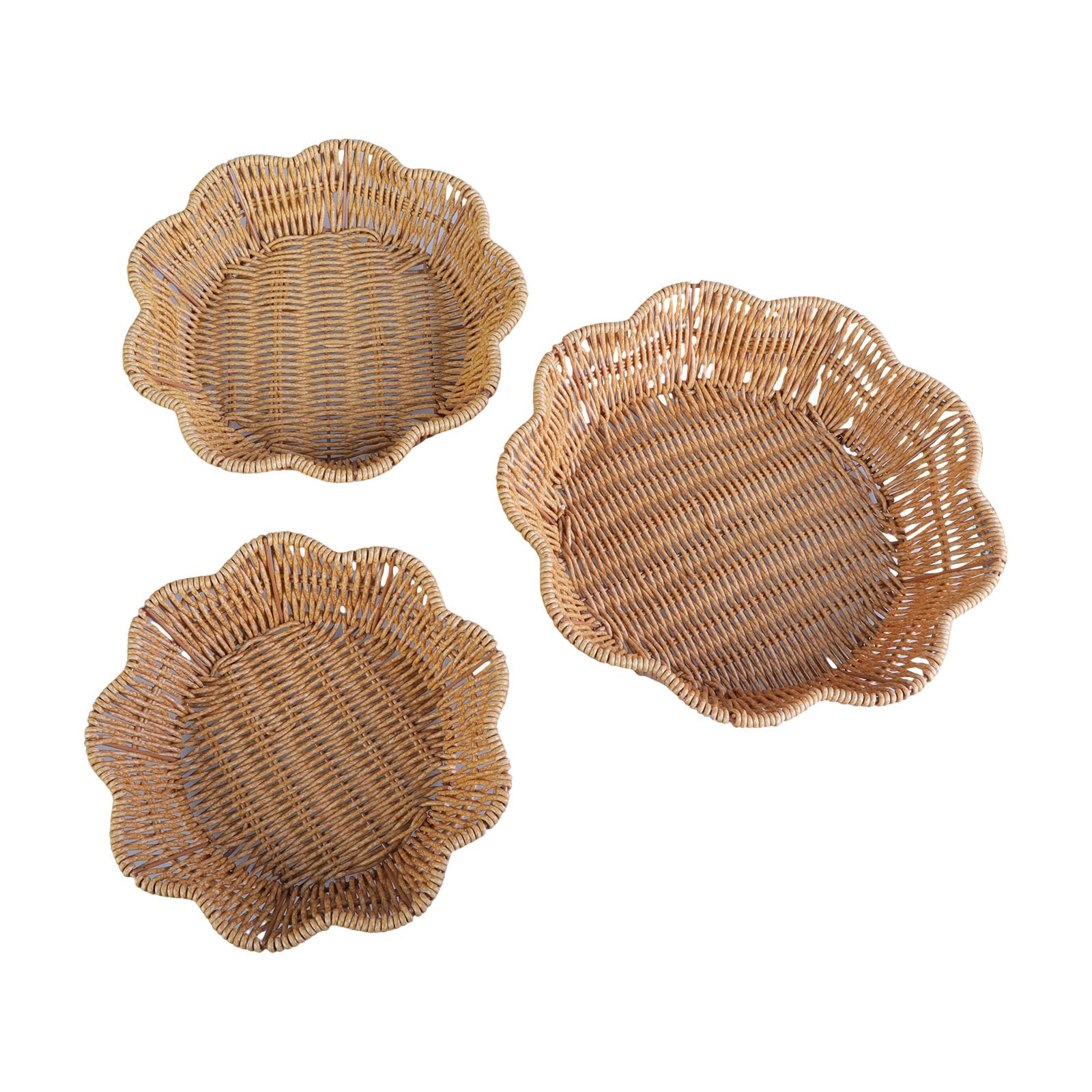 3pcs Multipurpose Imitation Rattan Round Shaped Basket Decorative Snacks Tray Candy Bread Plate Woven Platters Picnics Basket