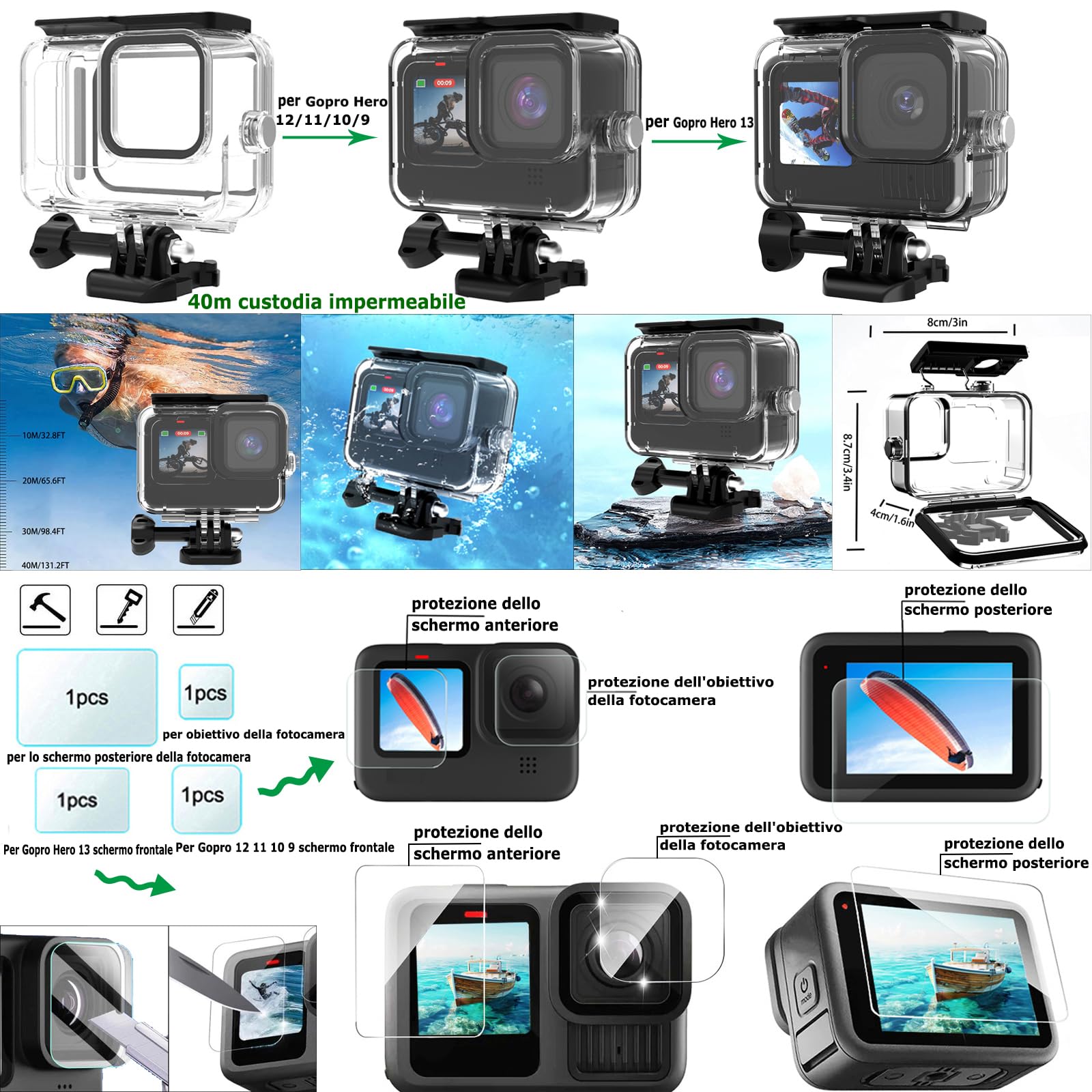 Kit di accessori per Gopro Hero13/Hero12/Hero11/Hero10/Hero9 Black, Custodia impermeabile Impugnatura Galleggiante Compatibile con Go Pro 13 12 11 10 9 camera(DT13)