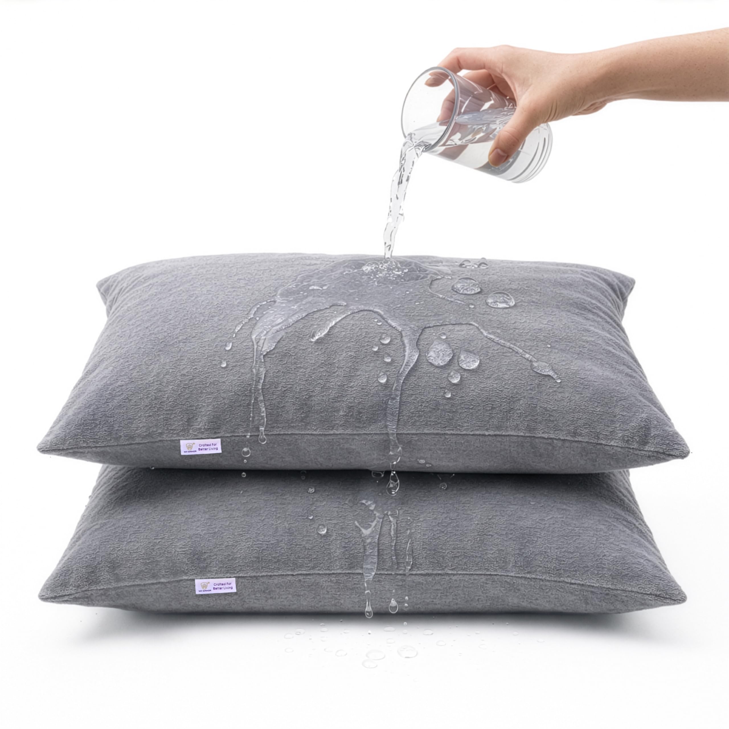 MY ARMOR Waterproof & Dustproof Cotton Terry Pillow Protectors, Standard Size | 220+ GSM- Set of 2, Grey (18" x28")