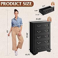 Vista 3 de WLIVE - Cómoda de granja para dormitorio, cómoda alta de madera con 5 cajones, cómoda con tirador de metal romano para sala de estar, pasillo, Negro