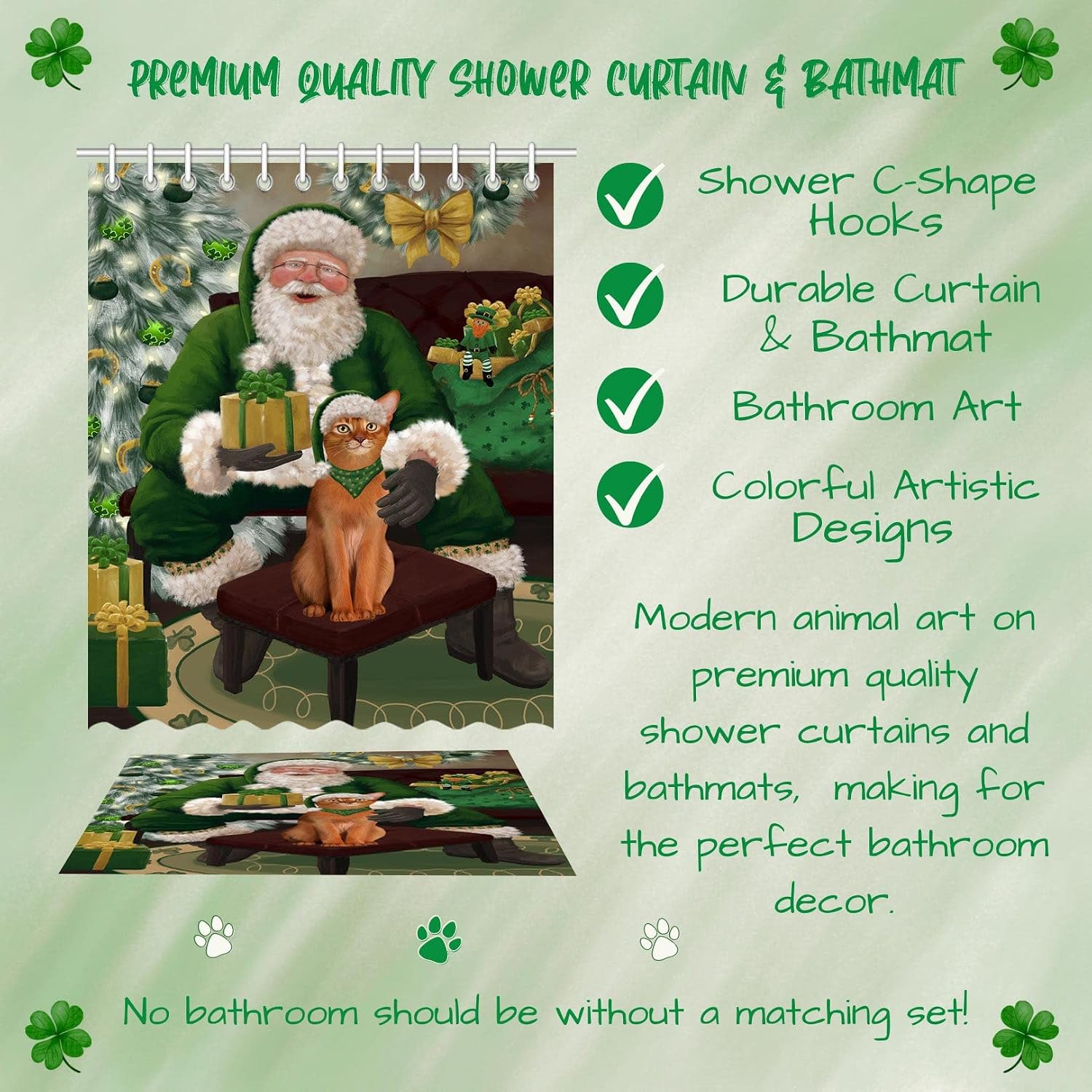Christmas Irish Santa with Gift and Abyssinian Cat Shower Curtain & Bath Mat Set - Bathroom Rug Mat Bathtub Curtain Screens with Hooks, BMSC89327 BM 16''x 28'', SC 36"x72" image 5