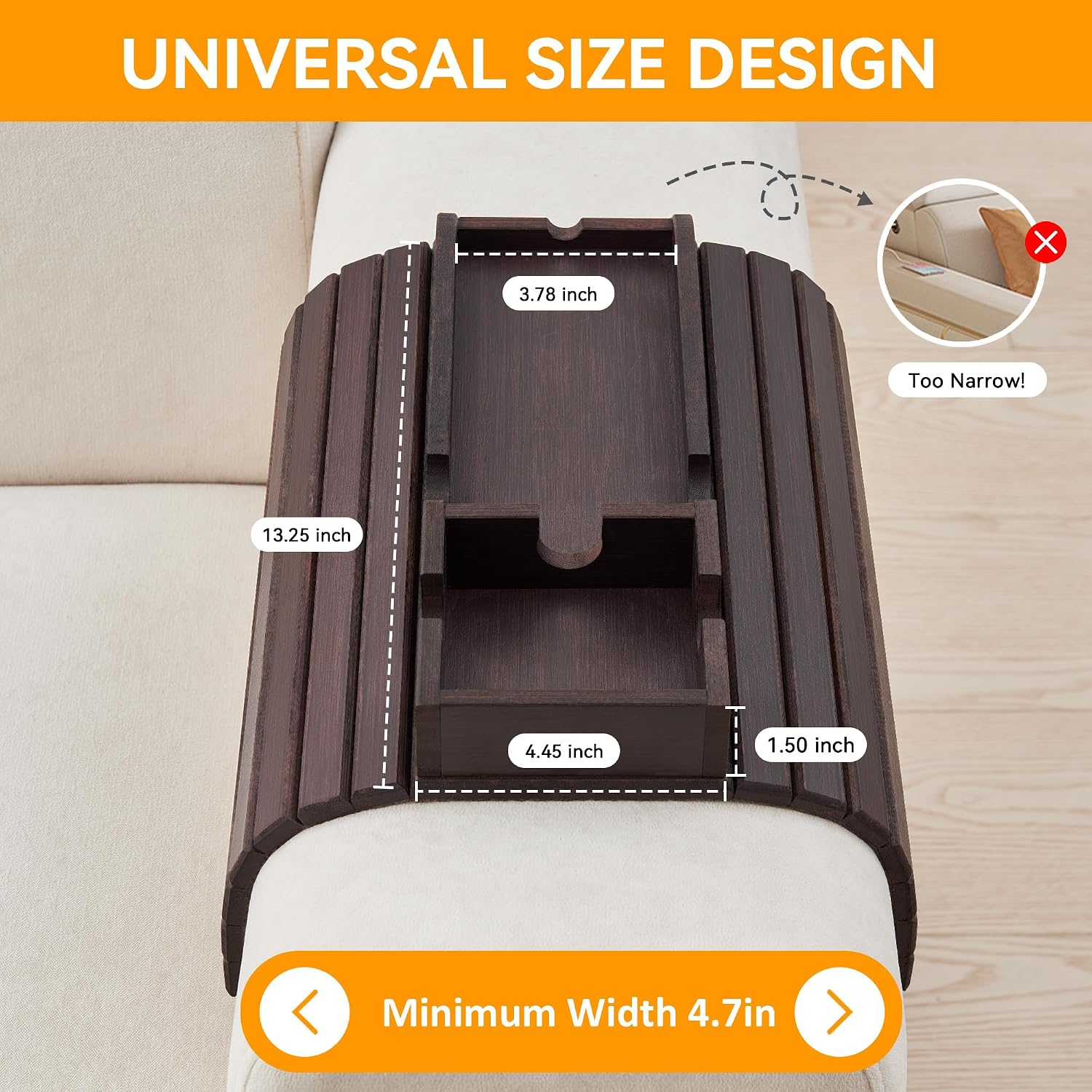 GEHE Bamboo Couch Cup Holder, Anti-Spill Sofa Arm Tray, Natural and Easy to Clean Couch Arm Cup Holder Armrest Tray Perfect for Cups, Beers, Snacks, Remote Control, Drinks image 2