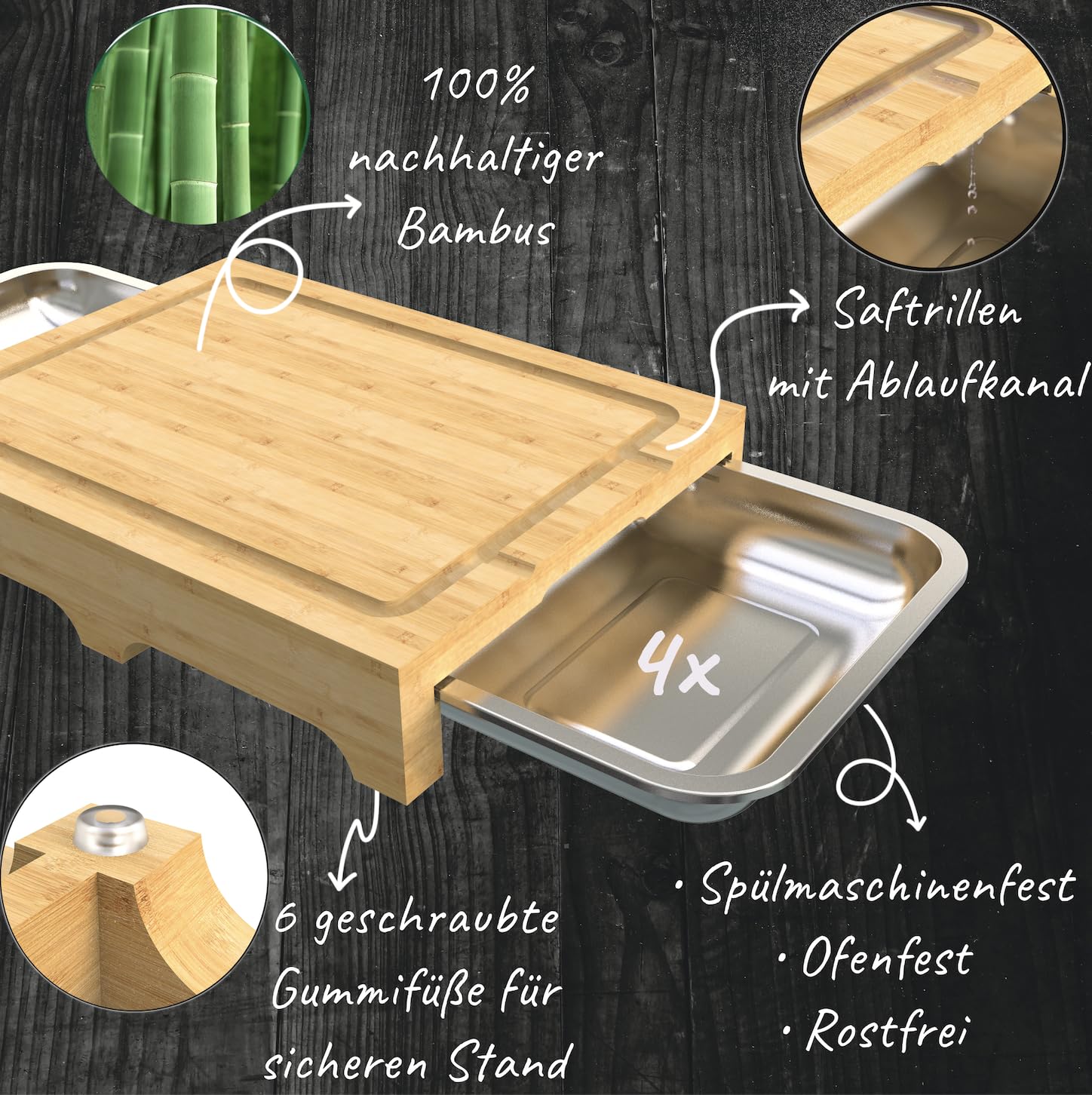 MARINDO Planche à découper en bambou avec 4 bacs de récupération en acier inoxydable | Planche à découper en bambou avec rainure à jus