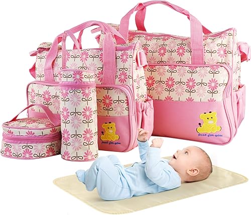 5PCS Diaper Bag Tote Set - Baby Bags for Mom Pink 5PCS Diaper Bag Tote Set - Baby Bags for Mom Pink