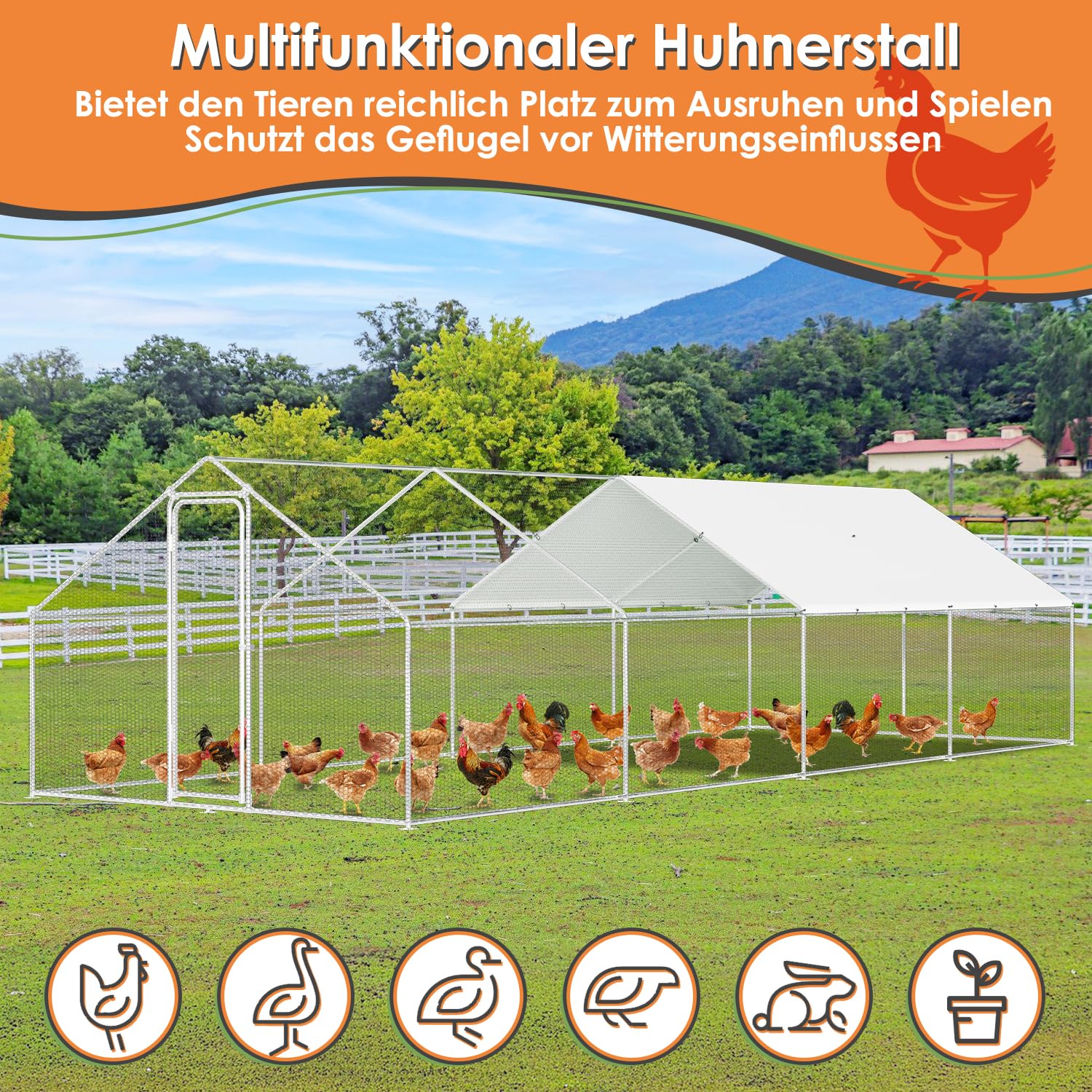 Randaco 3 x 8 x 2 m, enclos XXL pour poulailler, acier galvanisé, avec toit, auvent et porte pour animaux de compagnie, cage pour oiseaux, petits animaux, avec serrure